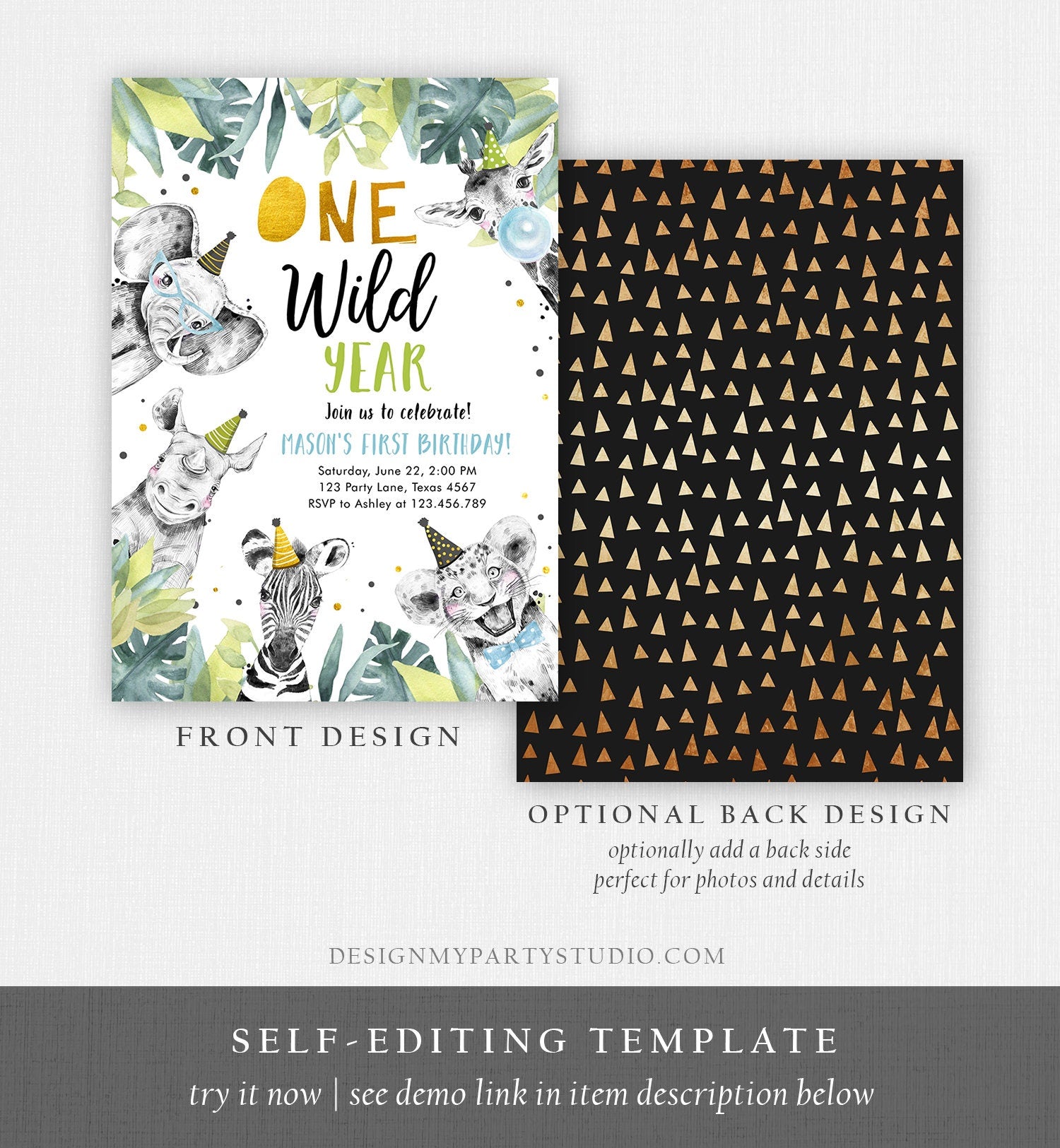 Editable One Wild Year Birthday Invitation Safari Party Animals Boy Gold First Birthday Wild One Monochrome Evite Template Printable 0322