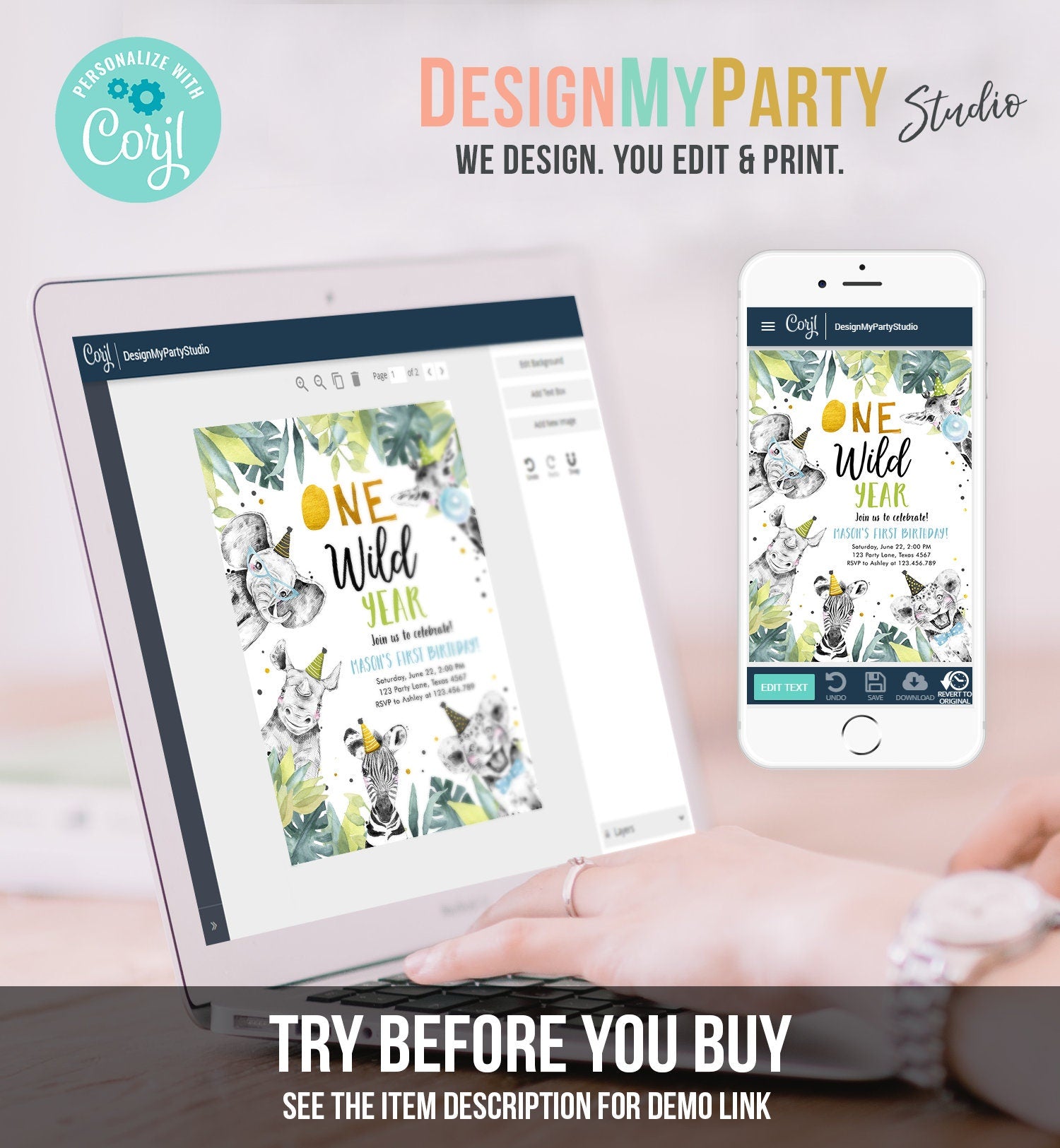 Editable One Wild Year Birthday Invitation Safari Party Animals Boy Gold First Birthday Wild One Monochrome Evite Template Printable 0322
