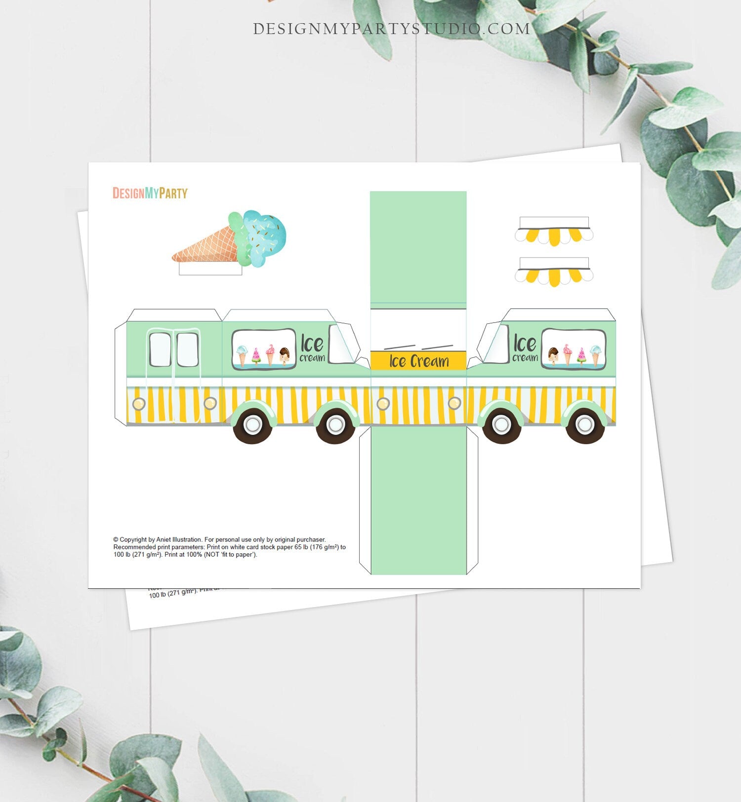 Printable Ice Cream Birthday Ice Cream Party Favor Box Ice Cream Centerpieces Decor Decorations Truck Neutral Mint Blue DIY Digital 0243