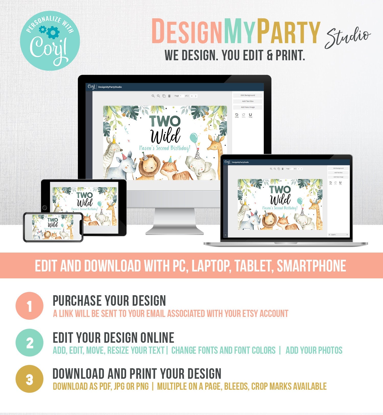 Editable Two Wild Safari Animals Birthday Backdrop Banner Party Animals Boy Second Birthday 2nd Welcome Sign Digital Template Printable 0163