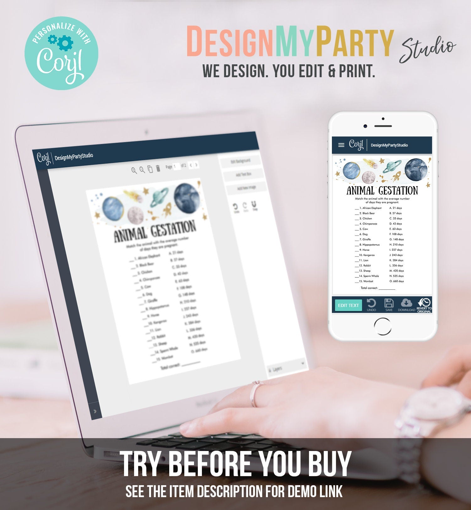 Editable Animal Gestation Baby Shower Game Card Outer Space Planets Galaxy Boy Pregnancy Activity Digital Download Template Printable 0357