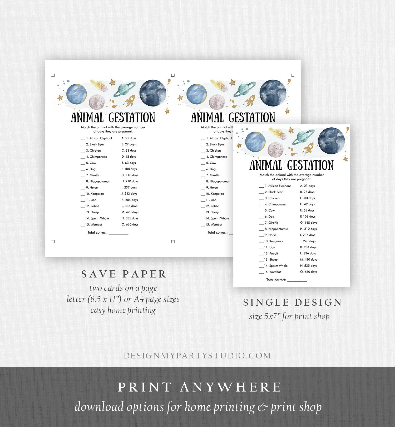 Editable Animal Gestation Baby Shower Game Card Outer Space Planets Galaxy Boy Pregnancy Activity Digital Download Template Printable 0357