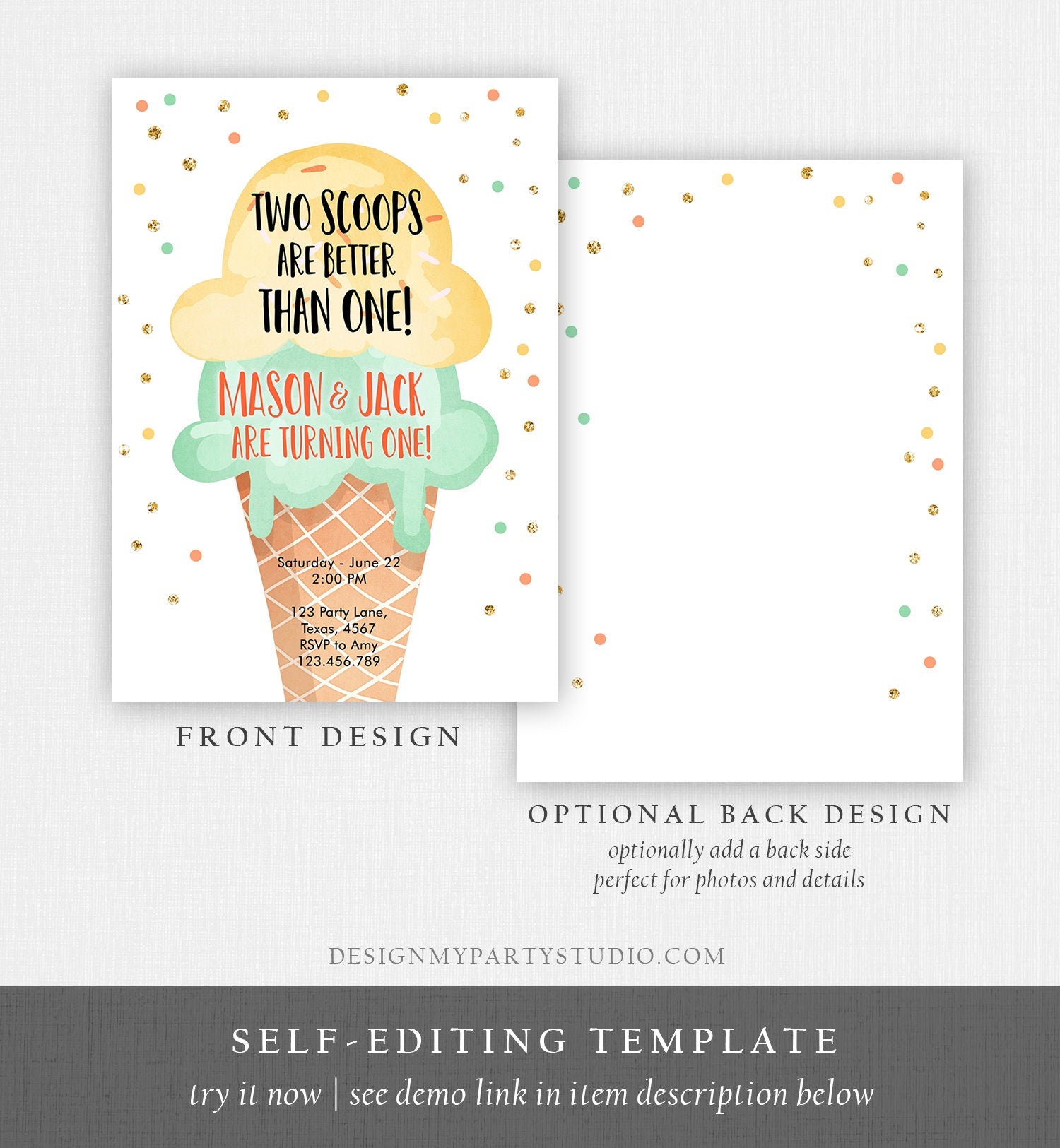 Editable Twin Ice Cream Birthday Invitation First Birthday Two is Better Than One Yellow Mint Gold Boy Digital Template Printable 0243