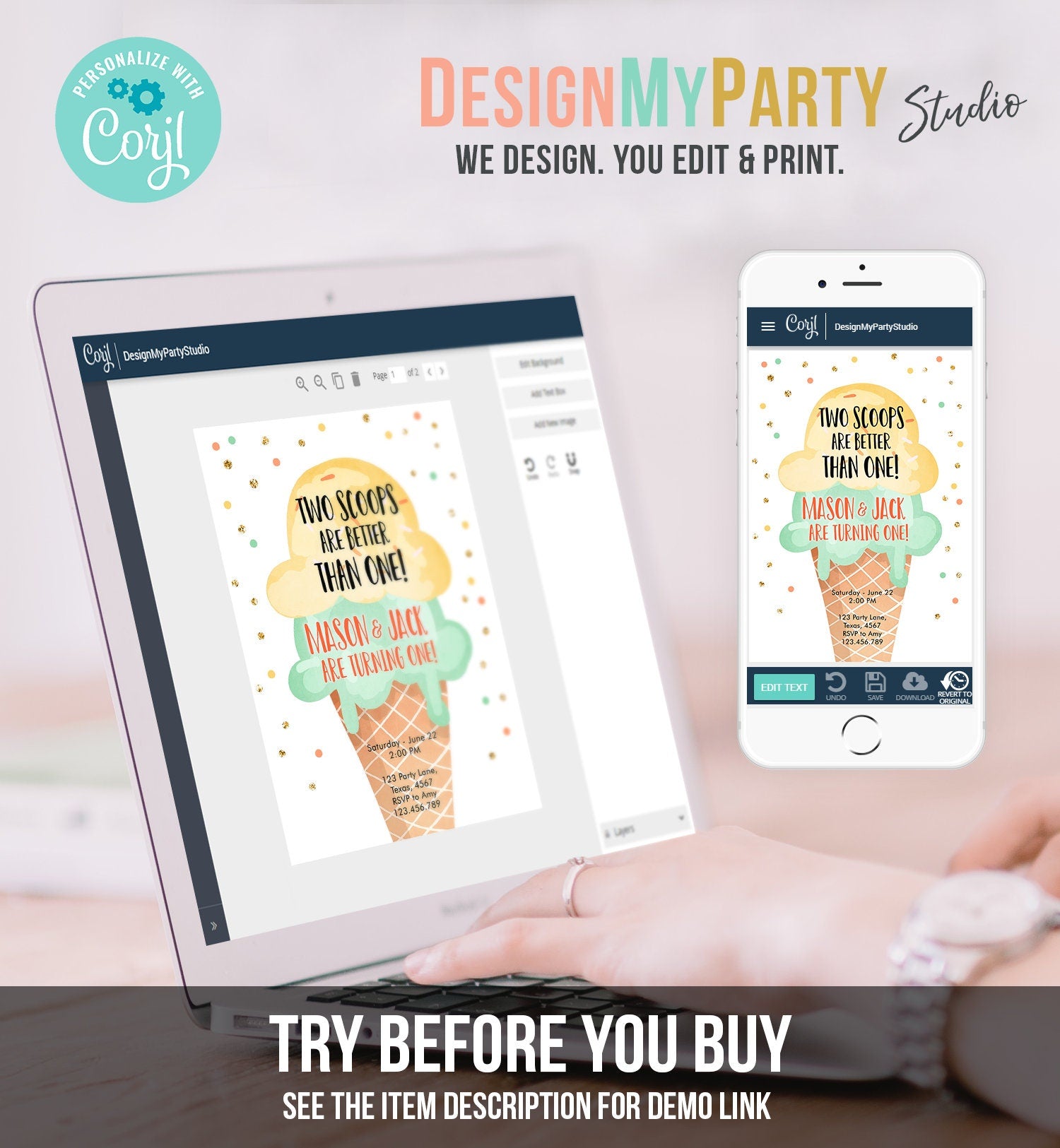 Editable Twin Ice Cream Birthday Invitation First Birthday Two is Better Than One Yellow Mint Gold Boy Digital Template Printable 0243