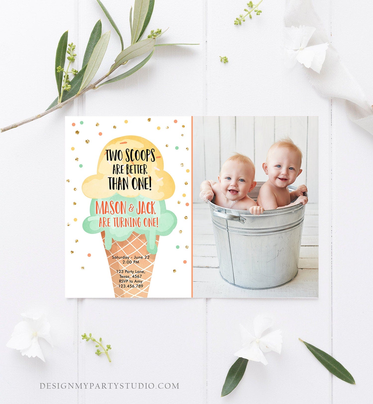 Editable Twin Ice Cream Birthday Invitation First Birthday Two is Better Than One Yellow Mint Gold Boy Digital Template Printable 0243