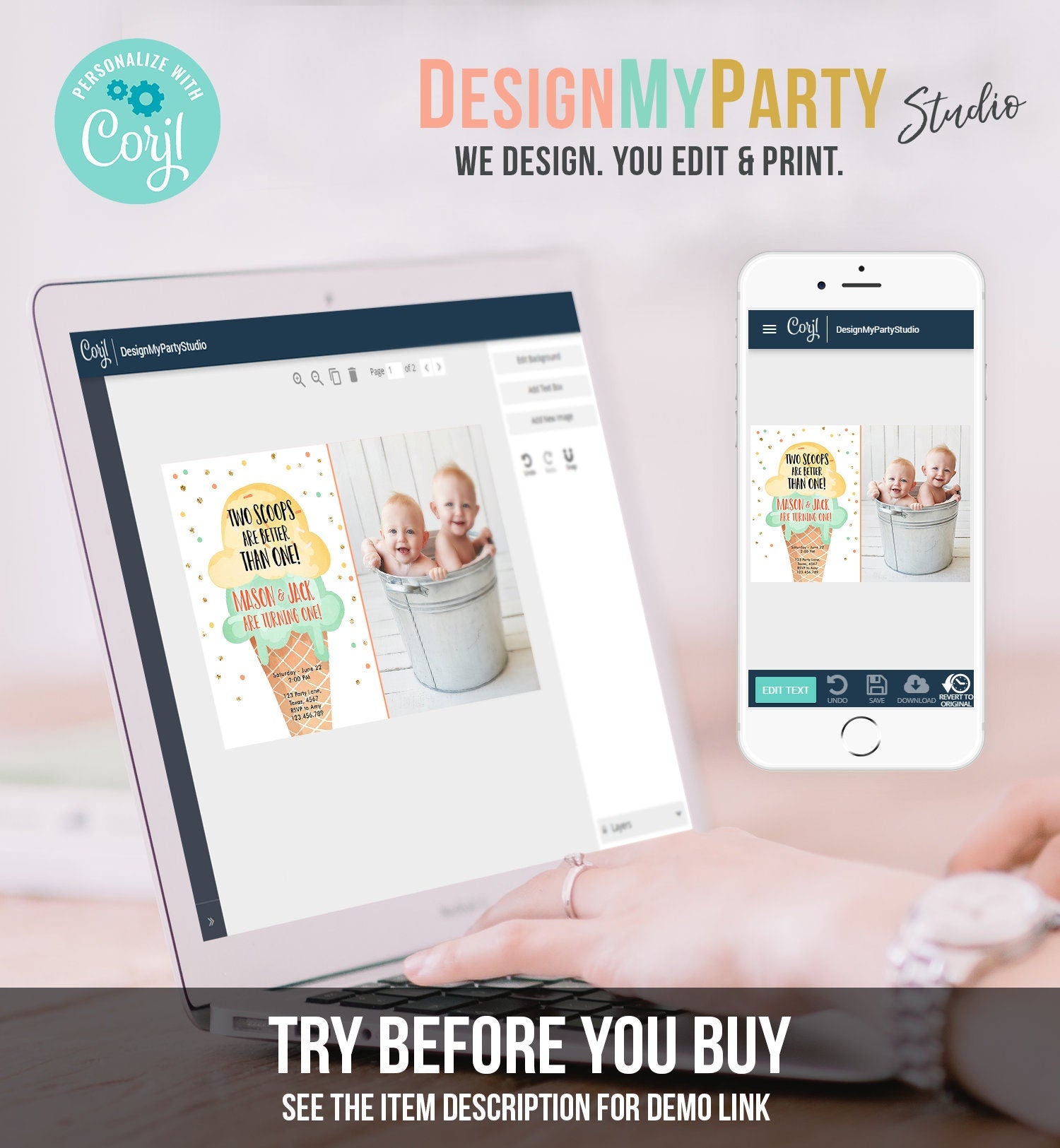 Editable Twin Ice Cream Birthday Invitation First Birthday Two is Better Than One Yellow Mint Gold Boy Digital Template Printable 0243