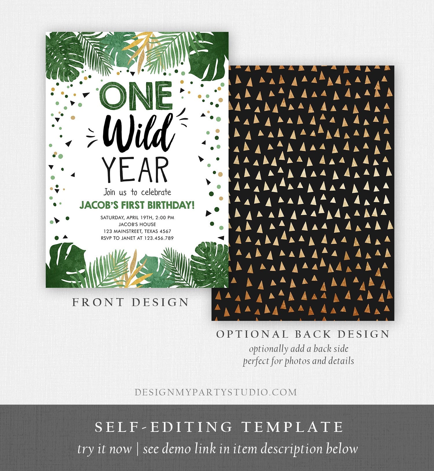 Editable One Wild Year Birthday Invitation Boy Tropical Safari Pink Jungle Wild One Wild Child Gold Digital Download Template Printable 0332