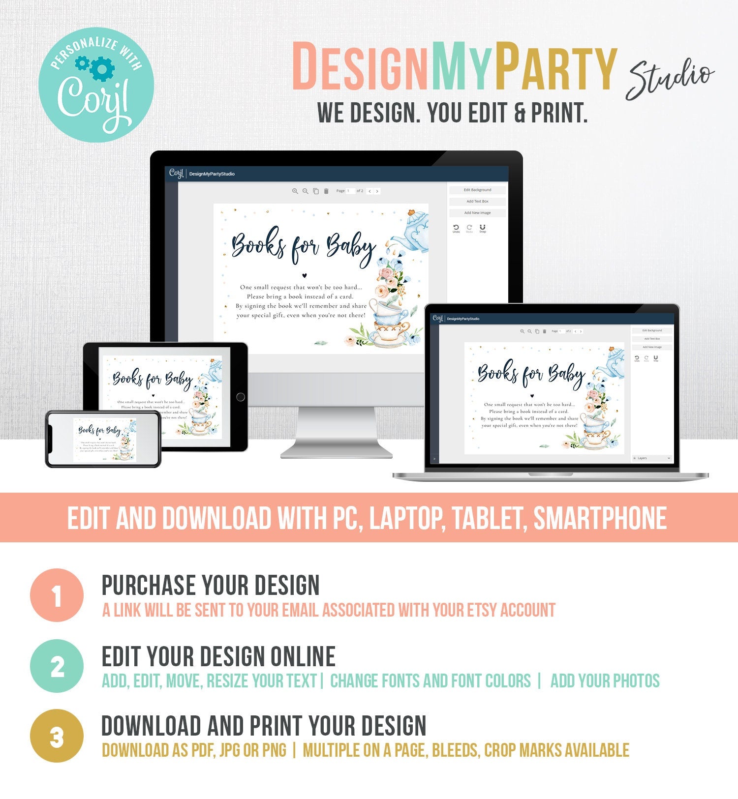 Editable Bring a Book Card Baby is Brewing Baby Shower Tea Party Book Insert Books for Baby Boy Blue Request Corjl Template Printable 0349