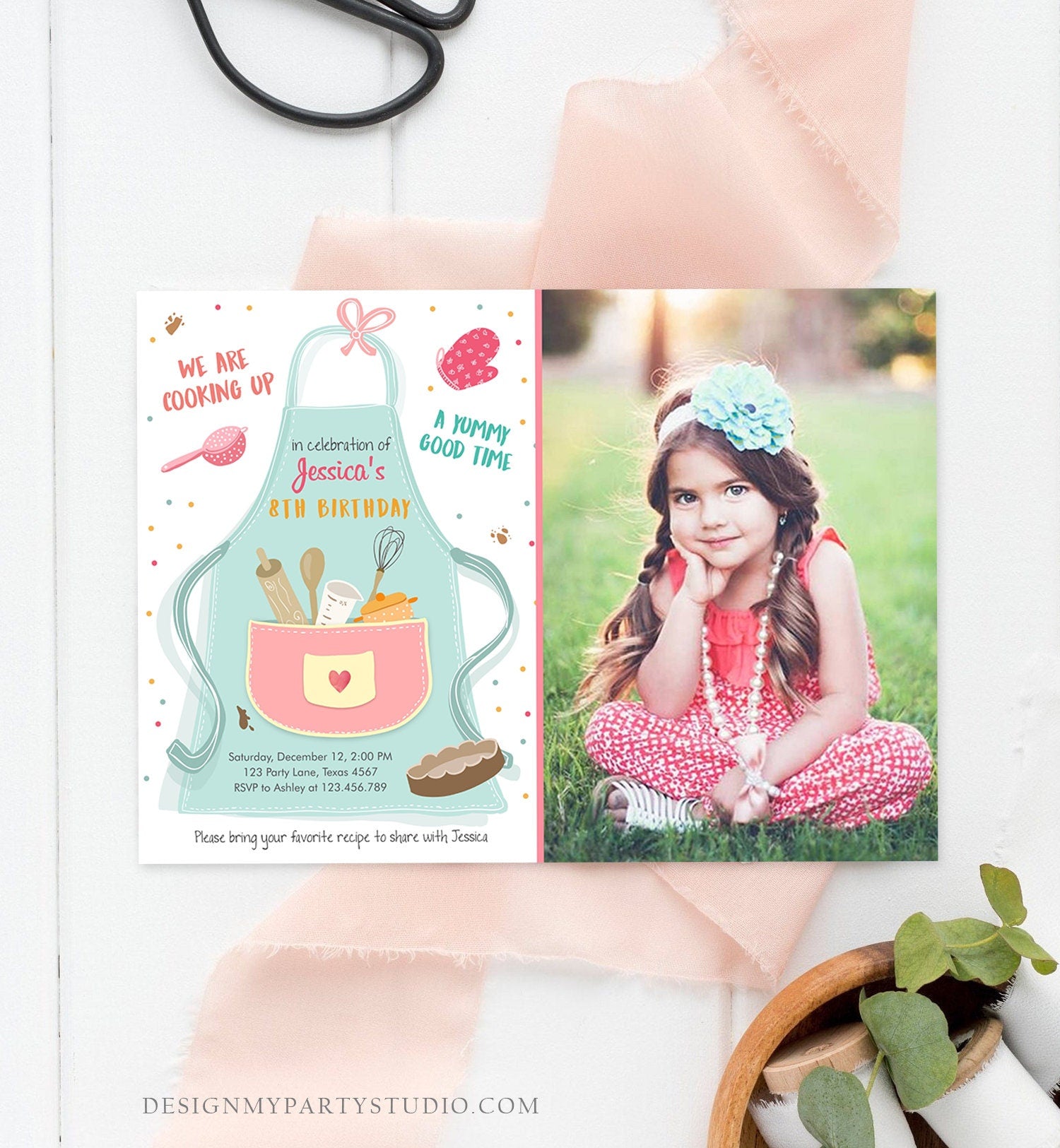 Editable Kids Kitchen Cooking Birthday Invitation Pink Girl Chef Baking Party Cakes Pies Cupcakes Digital Download Template Printable 0219