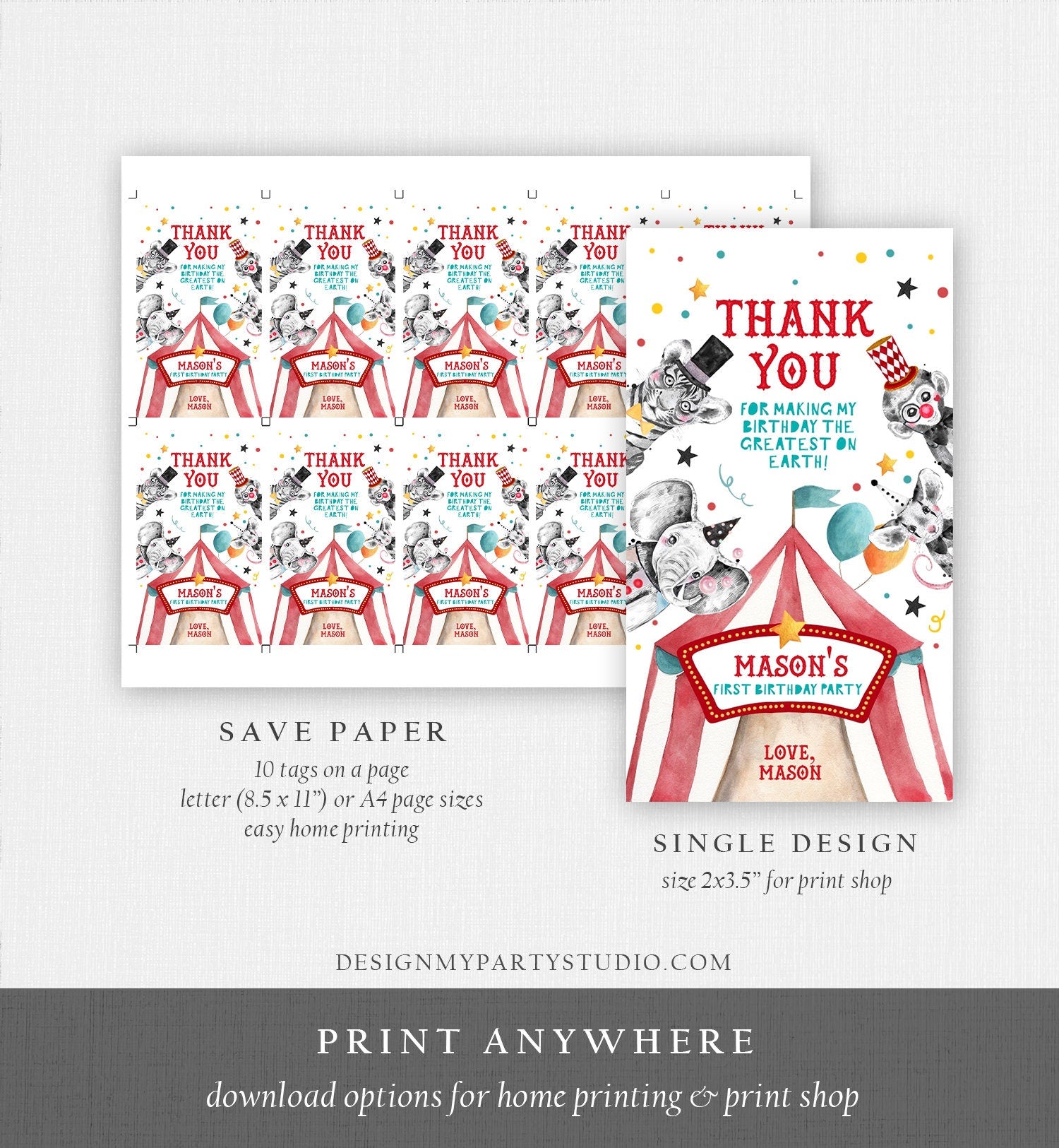 Editable Circus Favor Tag Carnival Festival Birthday Thank You Boy Vintage Label Animals Party Digital Download Template Printable 0355