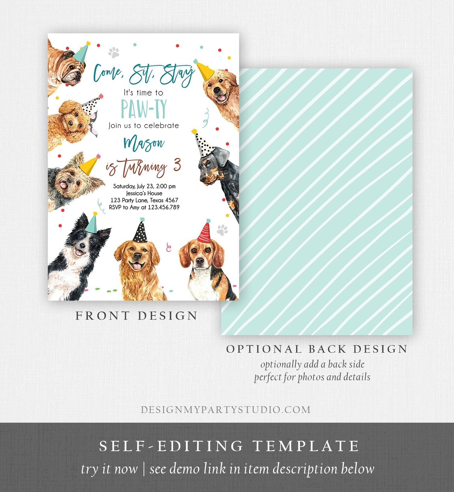 Editable Dog Birthday Party Invitation Puppy Birthday Invite Boys Blue Doggy Shelter Animal Pet Vet Download Printable Template Corjl 0384