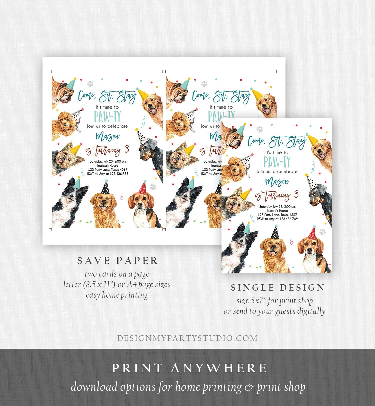 Editable Dog Birthday Party Invitation Puppy Birthday Invite Boys Blue Doggy Shelter Animal Pet Vet Download Printable Template Corjl 0384