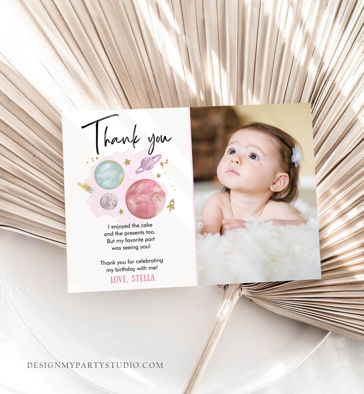 Editable Space Birthday Thank You Card Girl Space Astronaut To the Moon Galaxy Thank You Note Download Printable Template Digital 0357