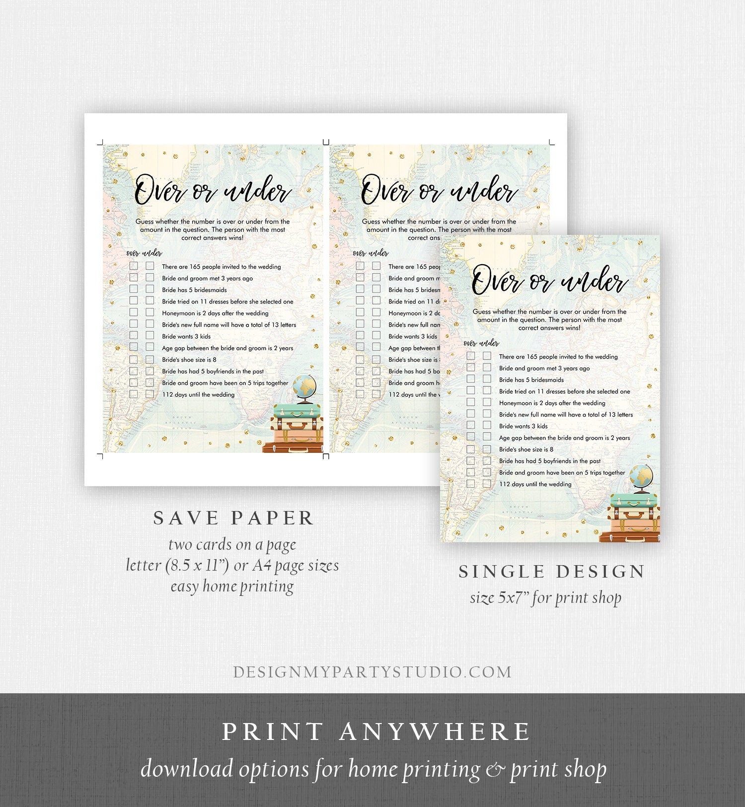 Editable Over or Under Bridal Shower Game Travel More or Less Guess Wedding Shower Activity Vintage Map Party Corjl Template Printable 0263