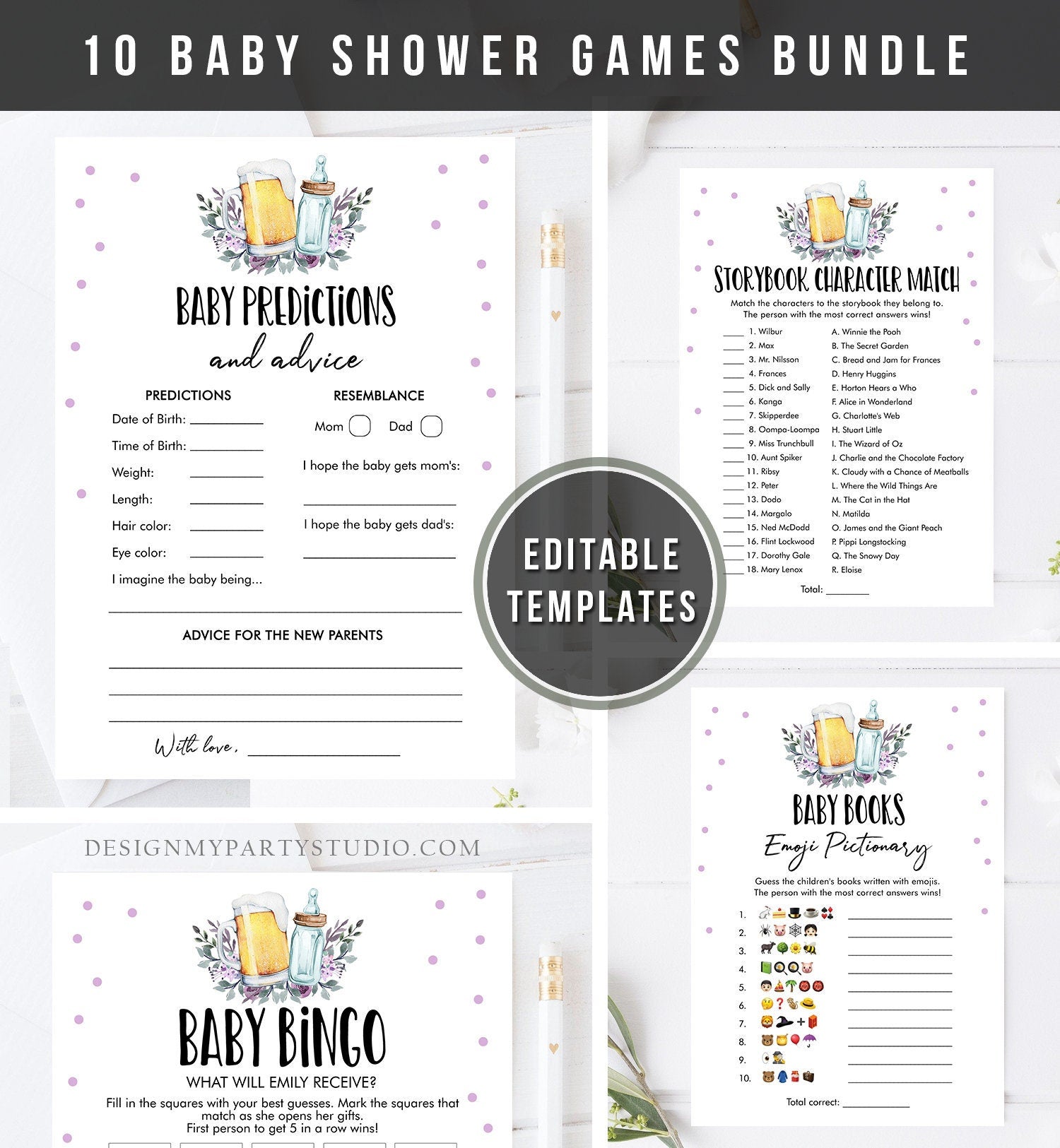 Editable Baby is Brewing Baby Shower Games Bundle Bottles and Beers Couples Shower Activity Game Pack Purple Printable Digital Template 0190