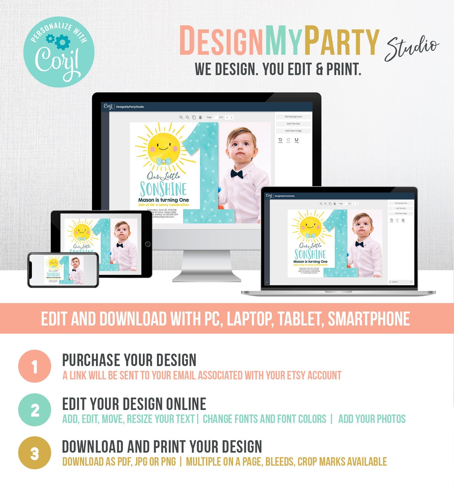 Editable Our Little Sonshine Birthday Invitation Summer Sunshine Party Blue Boy Summer First Birthday Download Evite Template Printable 0141