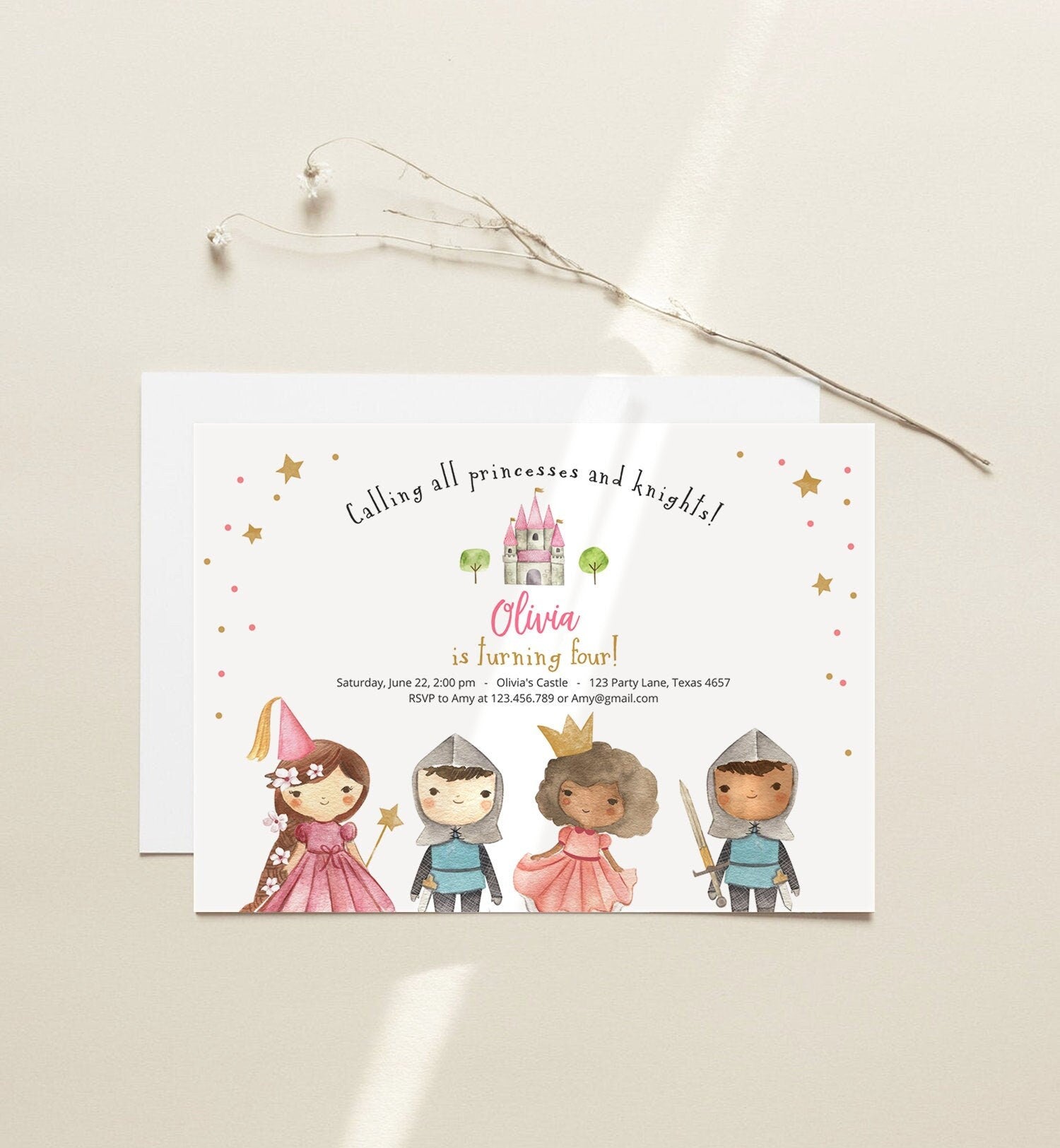 Editable Princess and Knight Birthday invitation Once Upon a Time Princess Birthday Girl Pink Castle Download Printable Template Corjl 0171
