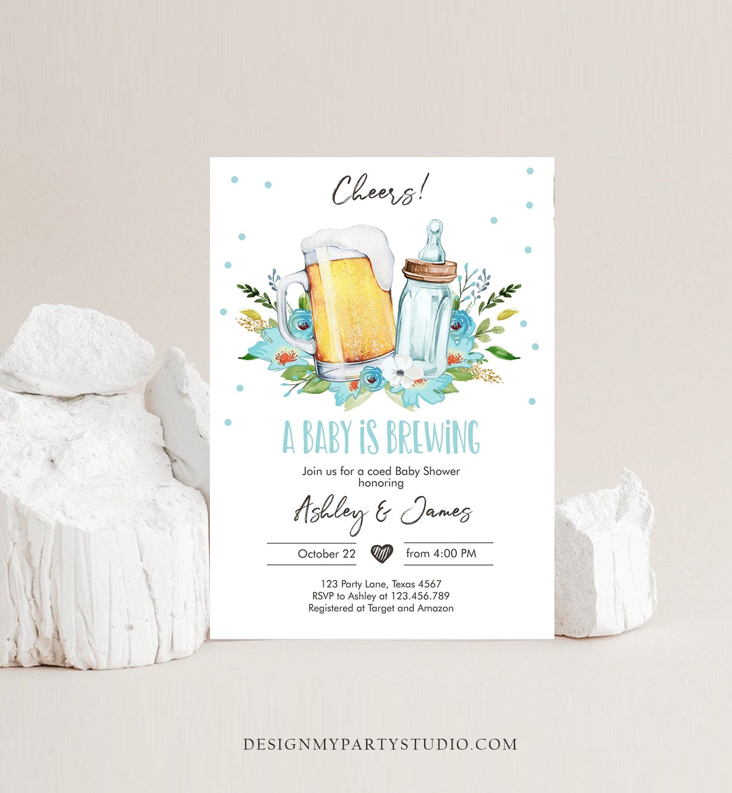 Editable A Baby is Brewing Invitation Bottle and Beers Baby Shower Boy Cheers Coed Couples Shower Download Printable Template Corjl 0190