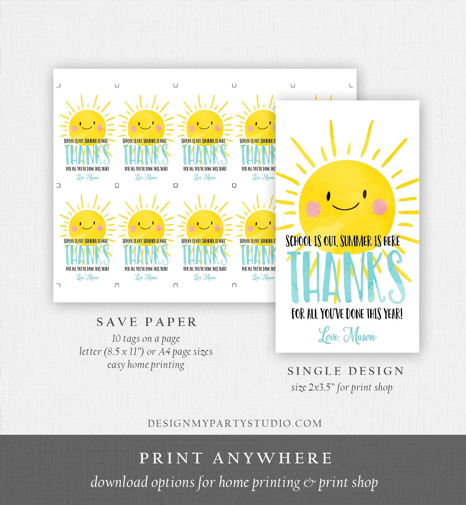 Editable Teacher Appreciation Gift Tags Sunshine Thank You Tag Schools Out Summer End of Year Tag Boy Digital Template Printable 0141 0464