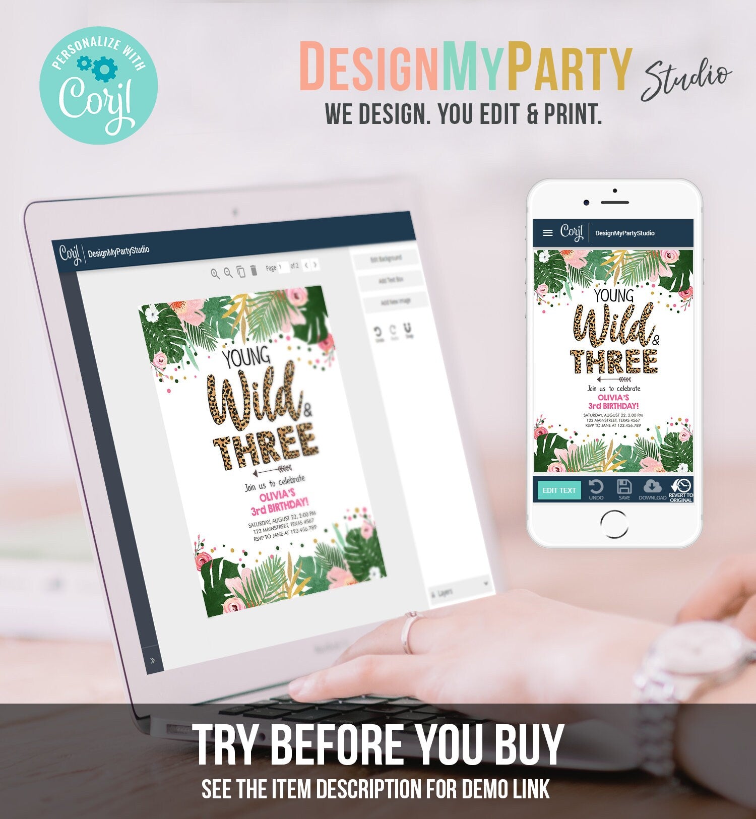 Editable Young Wild and Three Birthday Invitation Girl Tropical Safari Leopard Print Wild and Three Download Corjl Template Printable 0332