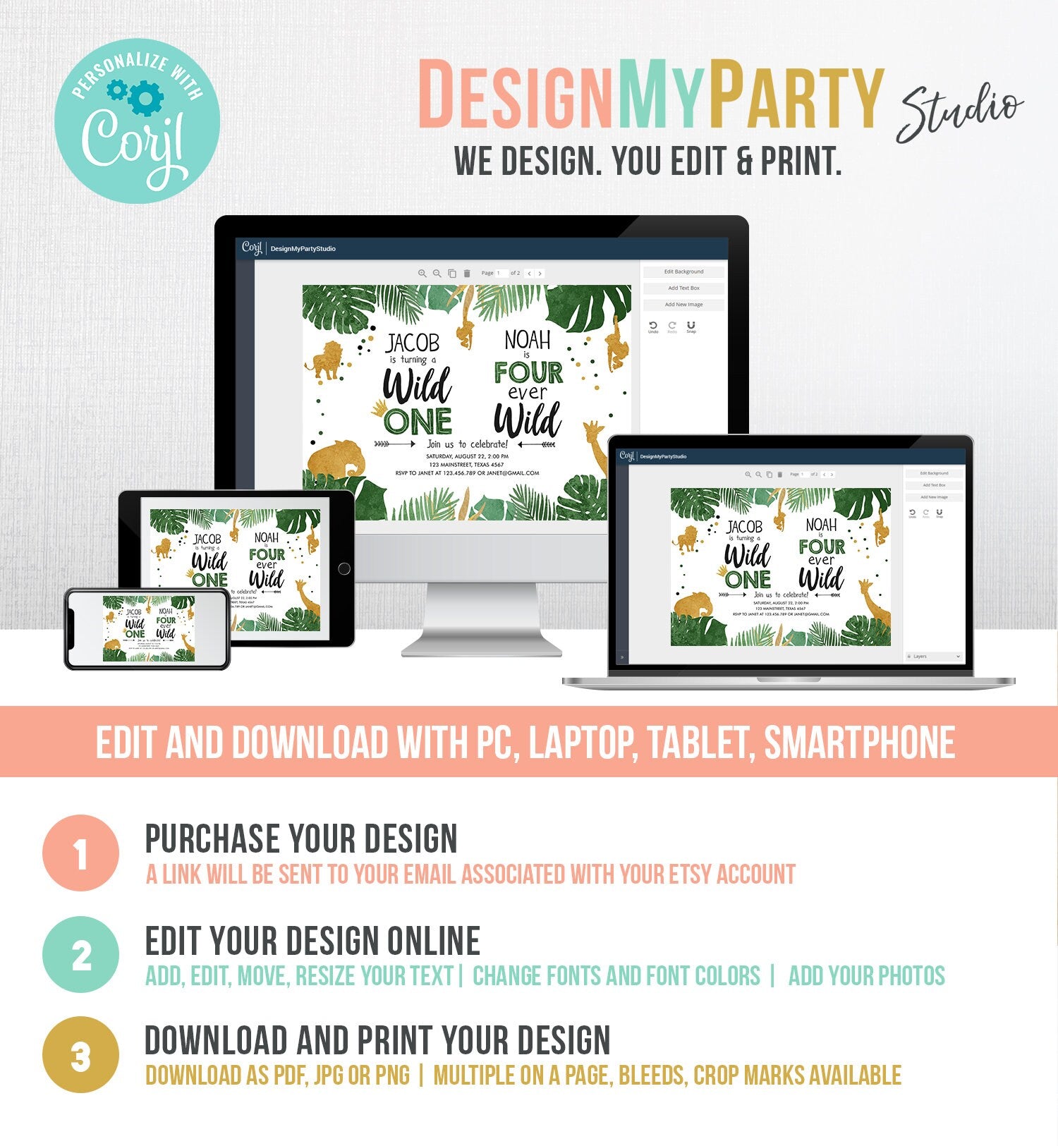 Editable Wild One Four Ever Wild Birthday Invitation Boys Brothers Safari Animals Party Gold Joint Digital Download Template Printable 0016