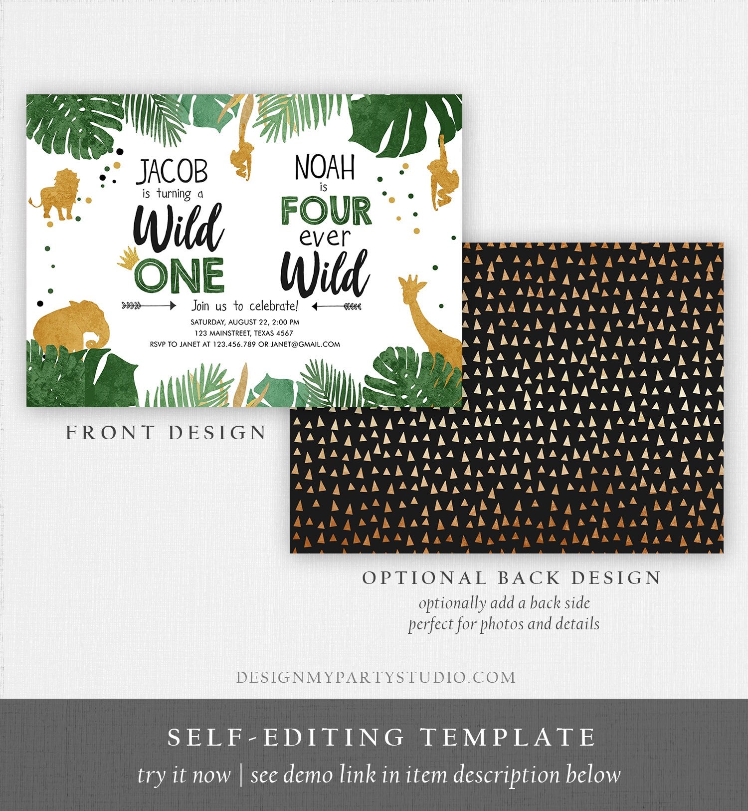 Editable Wild One Four Ever Wild Birthday Invitation Boys Brothers Safari Animals Party Gold Joint Digital Download Template Printable 0016