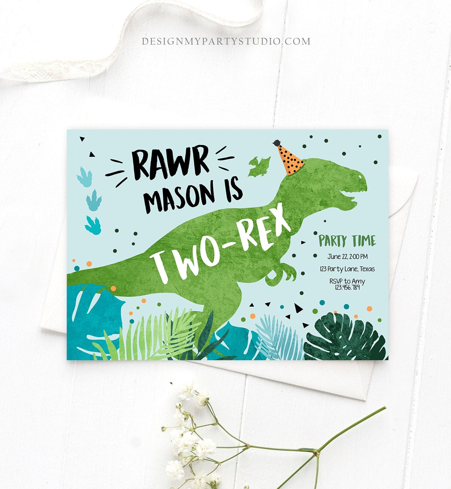 Editable Two-Rex Dinosaur Birthday Invitation Dino T-Rex Second Birthday 2nd RAWR Boy Green Blue Prehistoric Printable Corjl Template 0389