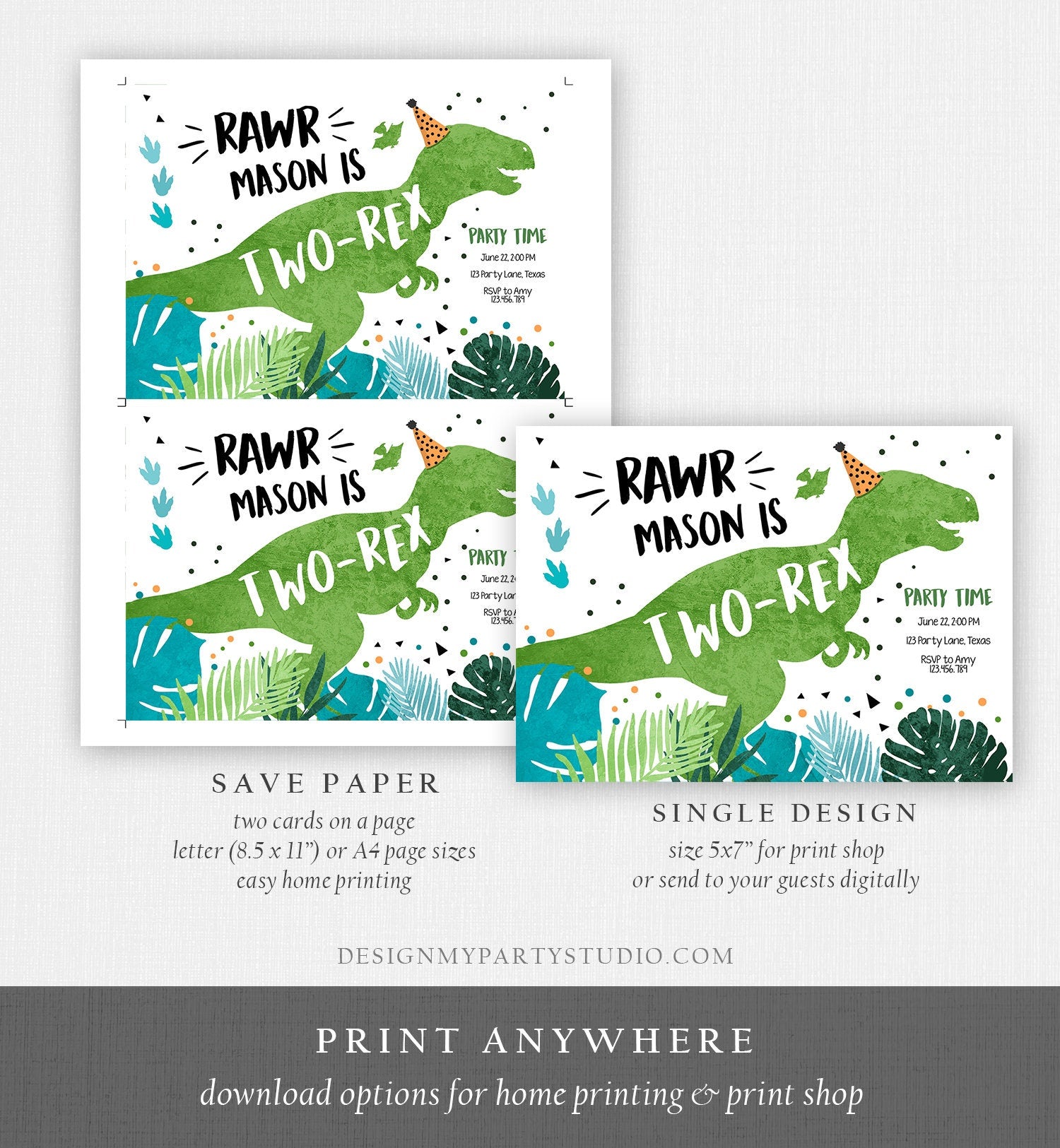 Editable Two-Rex Dinosaur Birthday Invitation Dino T-Rex Second Birthday 2nd Boy Blue Prehistoric Printable Digital Evite Template 0389