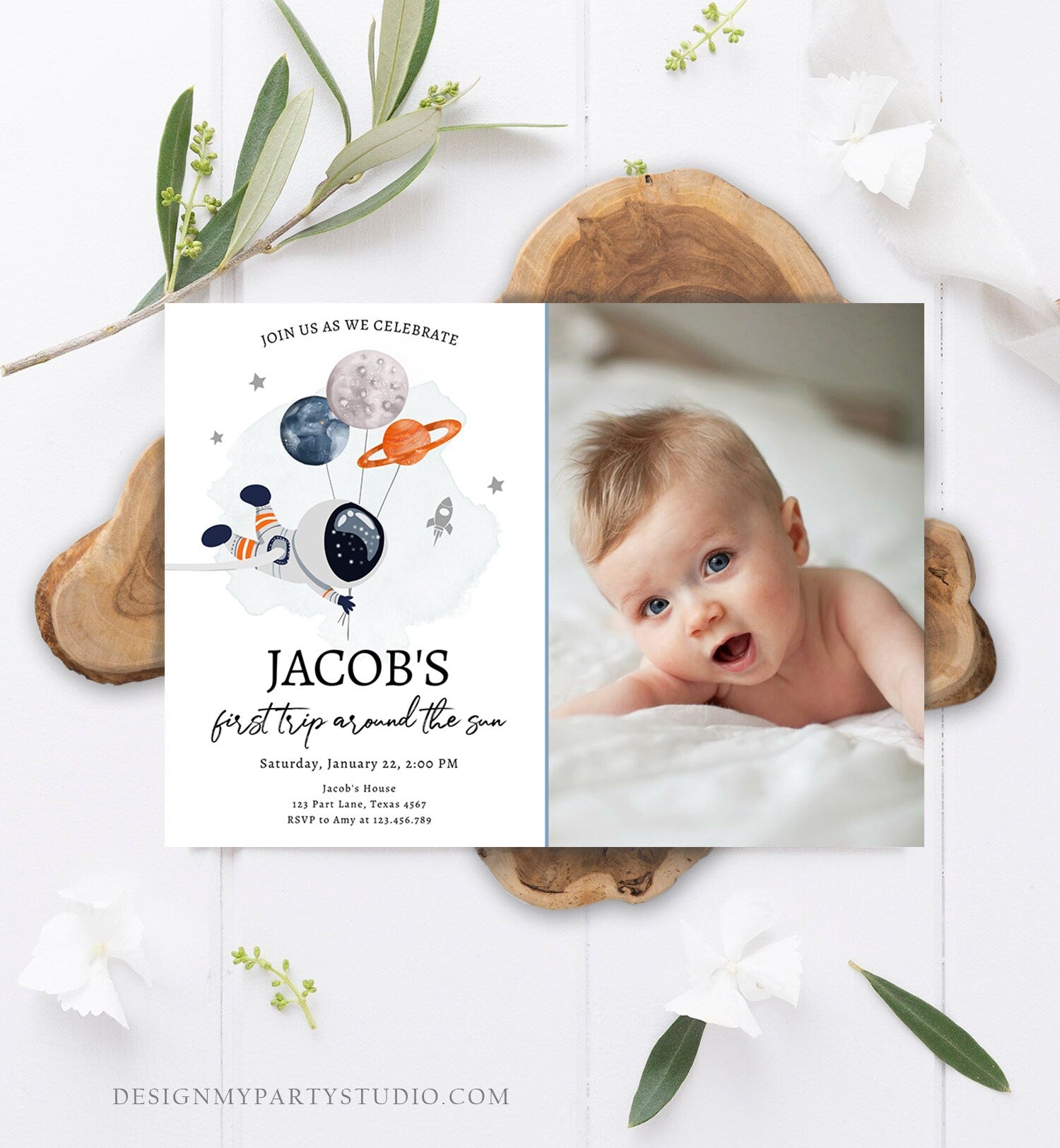 Editable Out of This World Birthday Invitation Outer Space Planets Rocket Ship Galaxy Astronaut Silver Boy Corjl Template Printable 0366