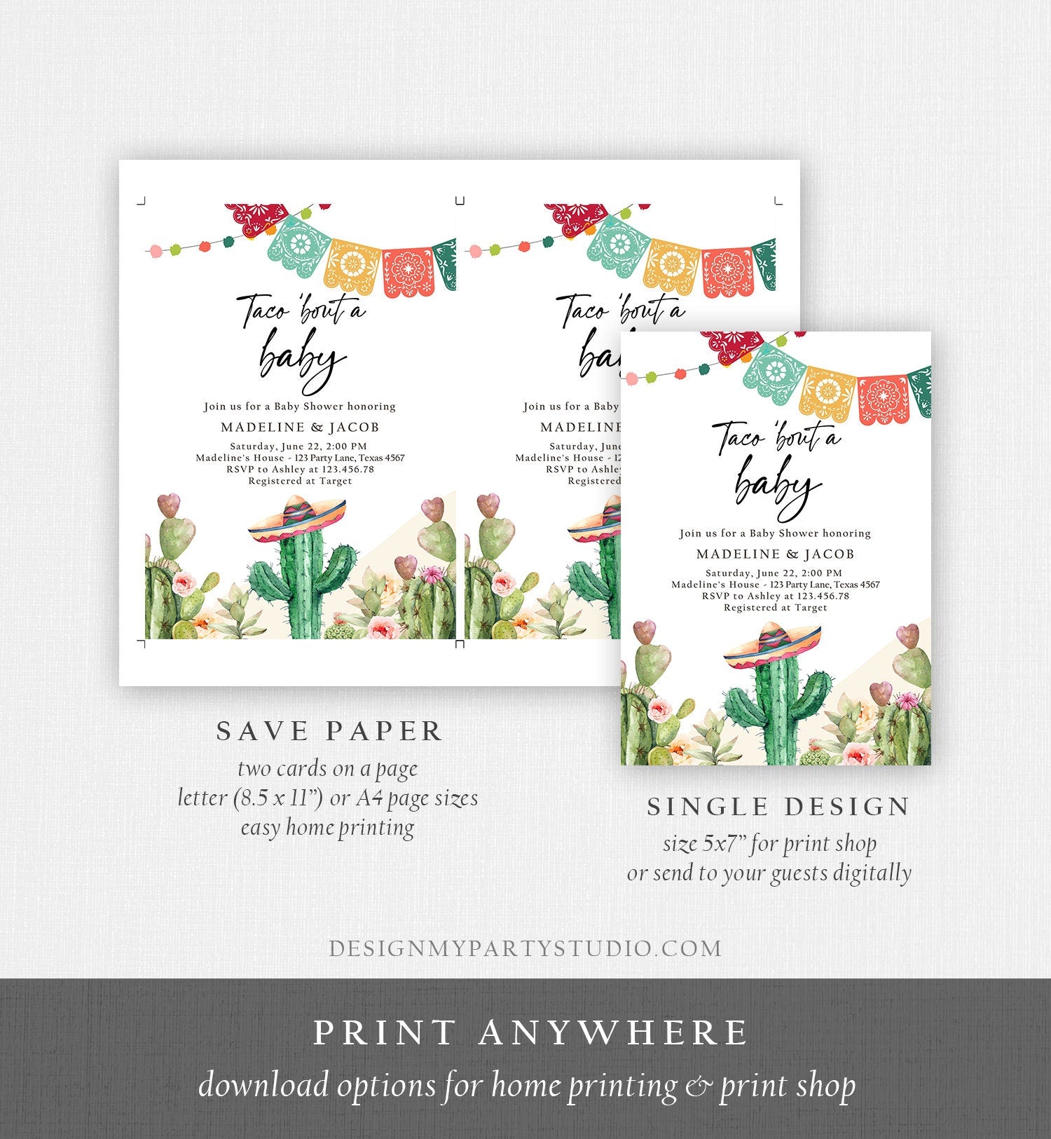 Editable Taco Bout a Baby Shower Invitation Cactus Mexican Fiesta Baby Shower Desert Floral Digital Download Evite Template Printable 0404