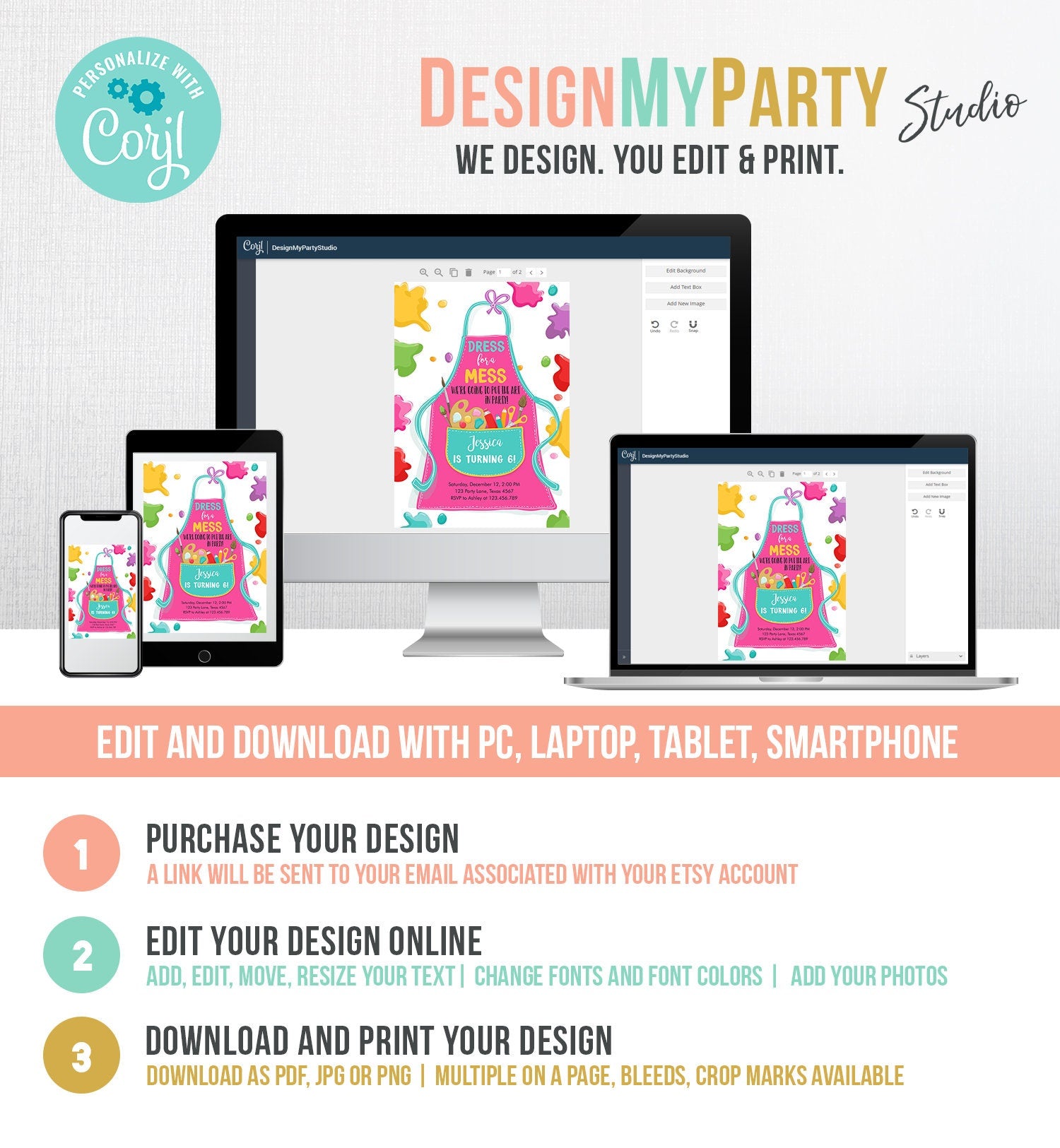 Editable Painting Party Invitation Art Party Birthday Dress for a Mess Girl Pink Paint Craft Digital Download Evite Template Printable 0319