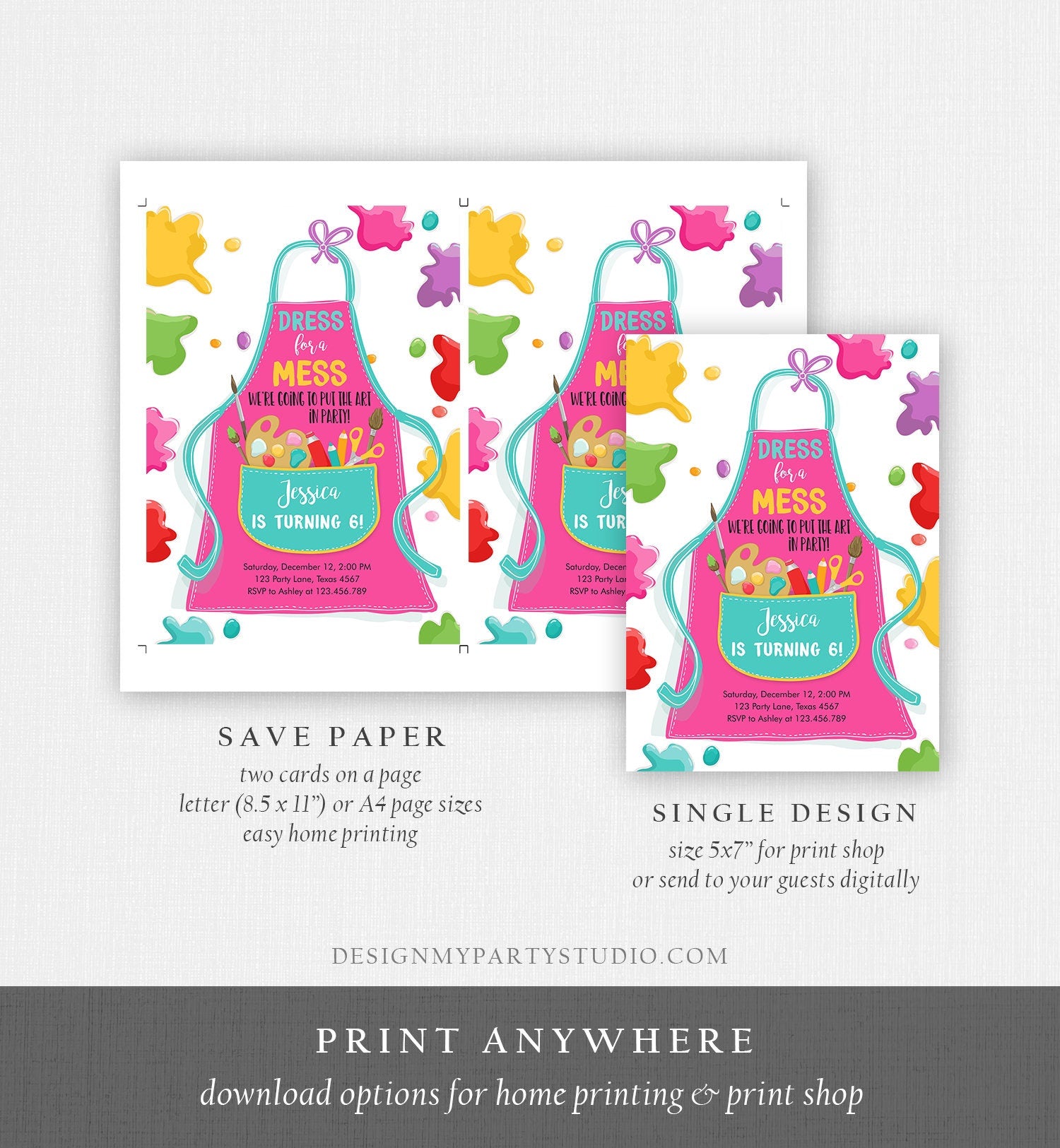 Editable Painting Party Invitation Art Party Birthday Dress for a Mess Girl Pink Paint Craft Digital Download Evite Template Printable 0319