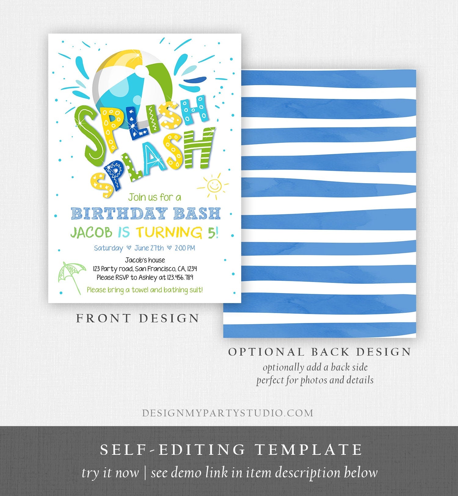 Editable Splish Splash Birthday Invitation Pool Party Boy Beach Ball Blue Green Birthday Bash Download Printable Invite Template Evite 0169