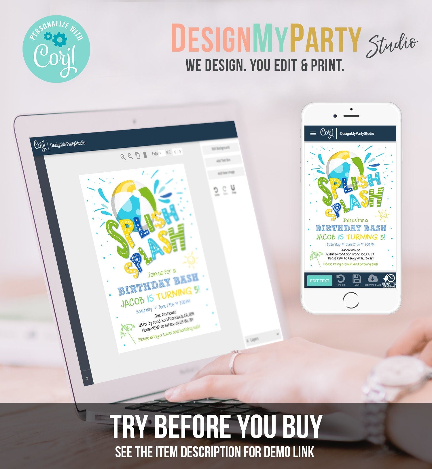 Editable Splish Splash Birthday Invitation Pool Party Boy Beach Ball Blue Green Birthday Bash Download Printable Invite Template Evite 0169