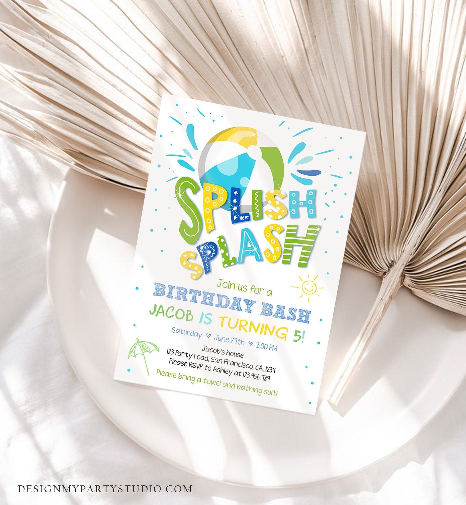Editable Splish Splash Birthday Invitation Pool Party Boy Beach Ball Blue Green Birthday Bash Download Printable Invite Template Evite 0169