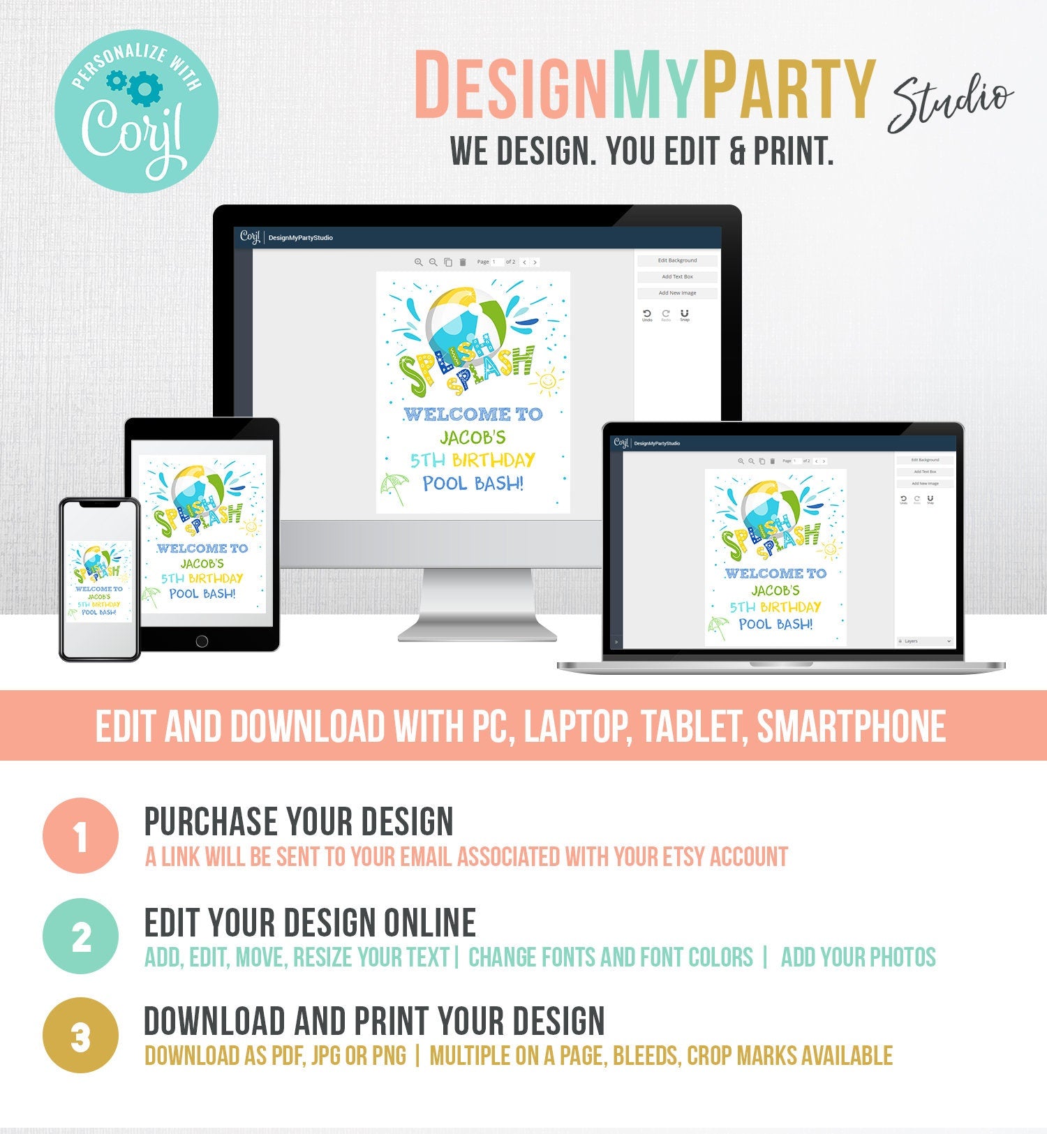 Editable Pool Party Welcome Sign Pool Party Birthday Swimming Beach Ball Bash Boy Splish Splash Digital Download Template Printable 0169