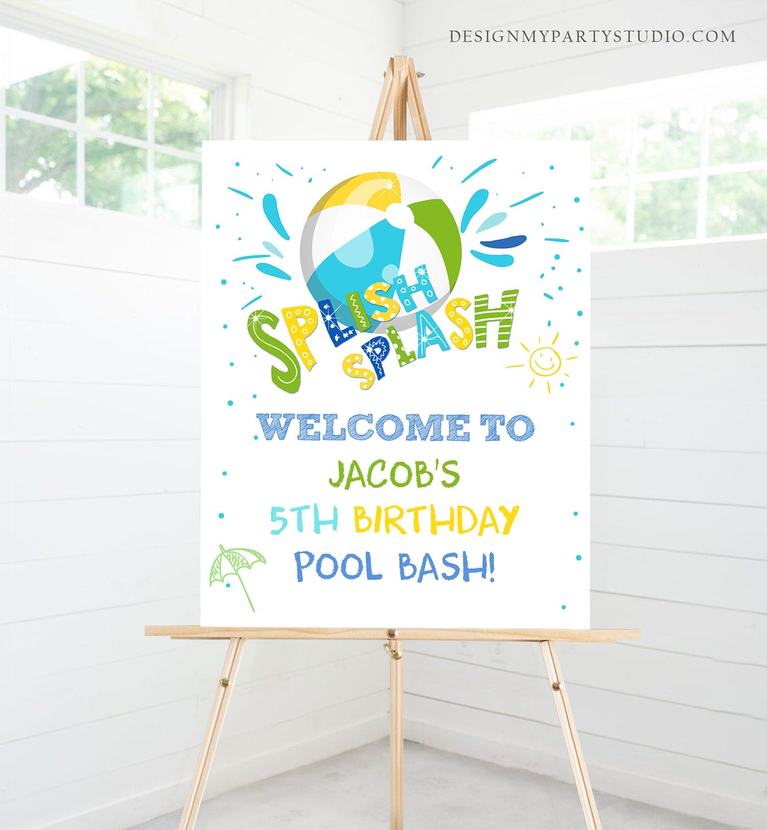 Editable Pool Party Welcome Sign Pool Party Birthday Swimming Beach Ball Bash Boy Splish Splash Digital Download Template Printable 0169