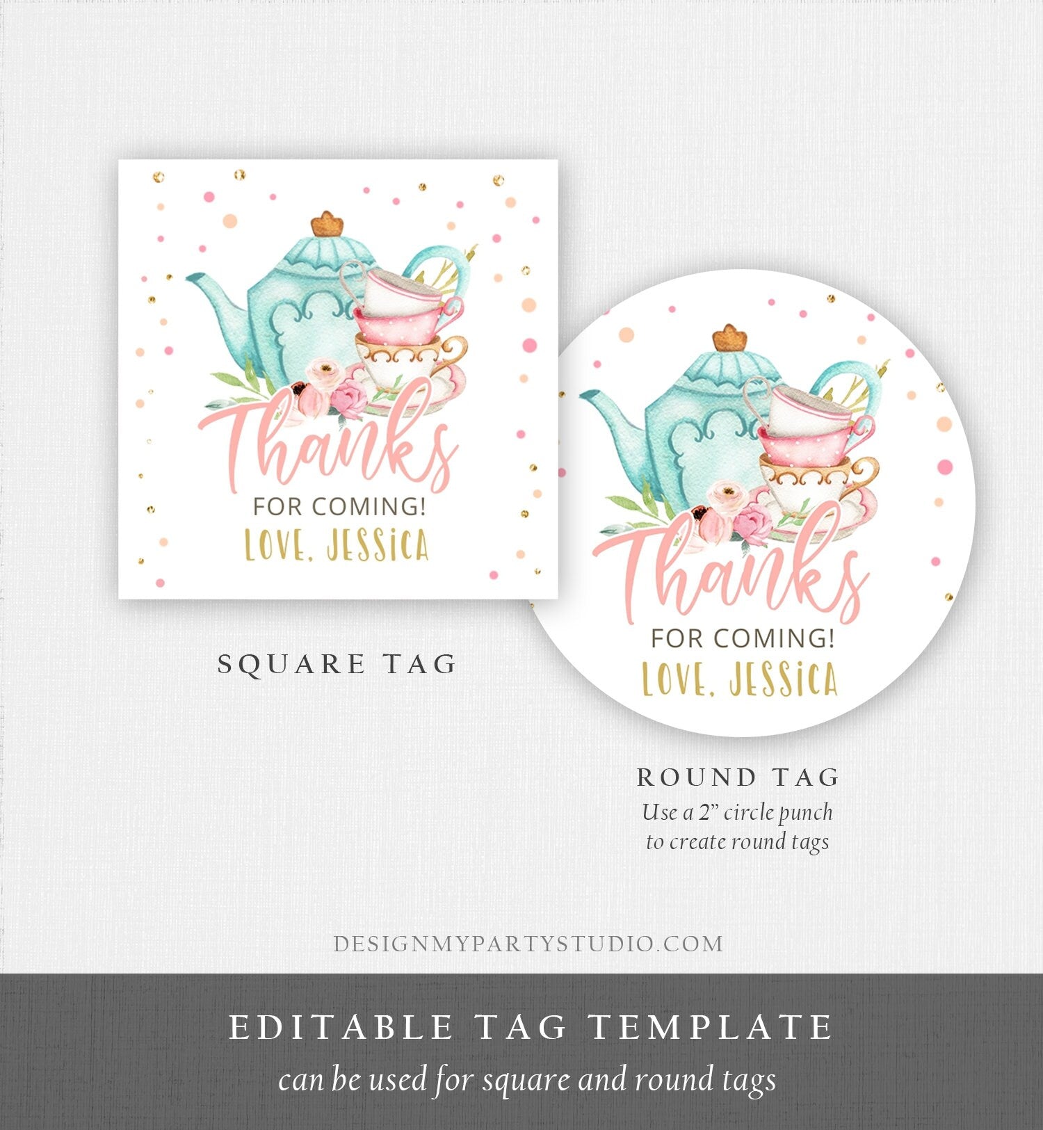 Editable Tea Party Favor Tag Sticker Baby Shower Baby is Brewing Floral Pink Gold Whimsical Girl Square Round Template Corjl Printable 0349