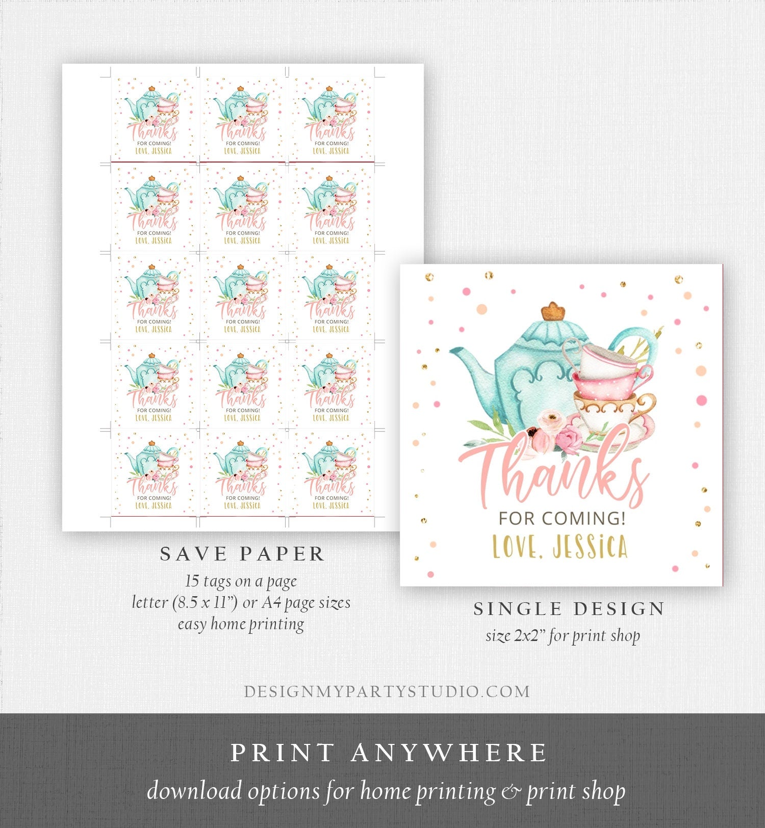 Editable Tea Party Favor Tag Sticker Baby Shower Baby is Brewing Floral Pink Gold Whimsical Girl Square Round Template Corjl Printable 0349
