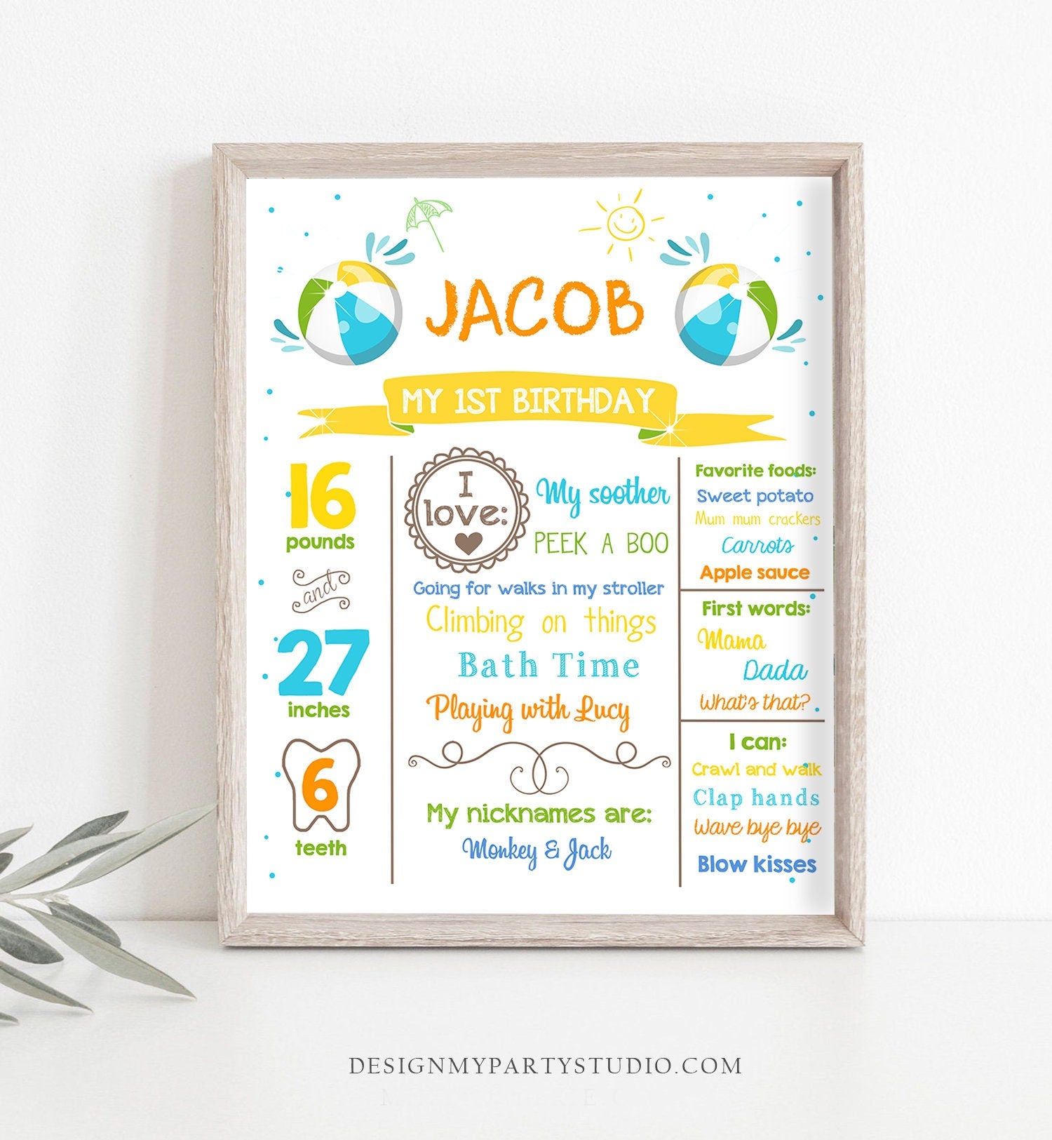 Editable Pool Party Birthday Milestones Poster Birthday Chalkboard Splish Splash Ball 1st Birthday Boy Download Printable Corjl 0169