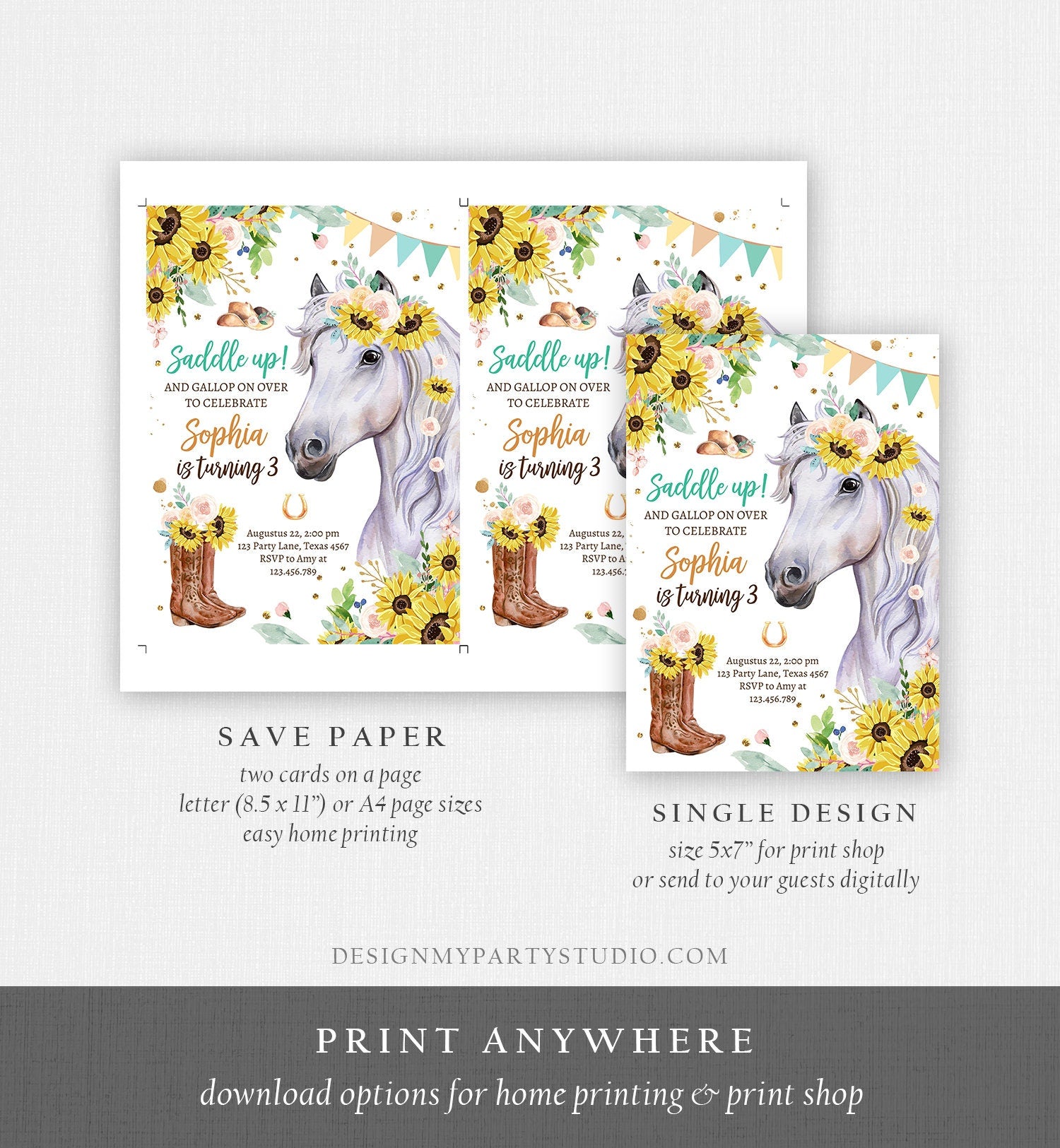 Editable Cowgirl Birthday Invitation Girl Saddle Up Watercolor Horse Horse Birthday Sunflowers Digital Download Template Printable 0408