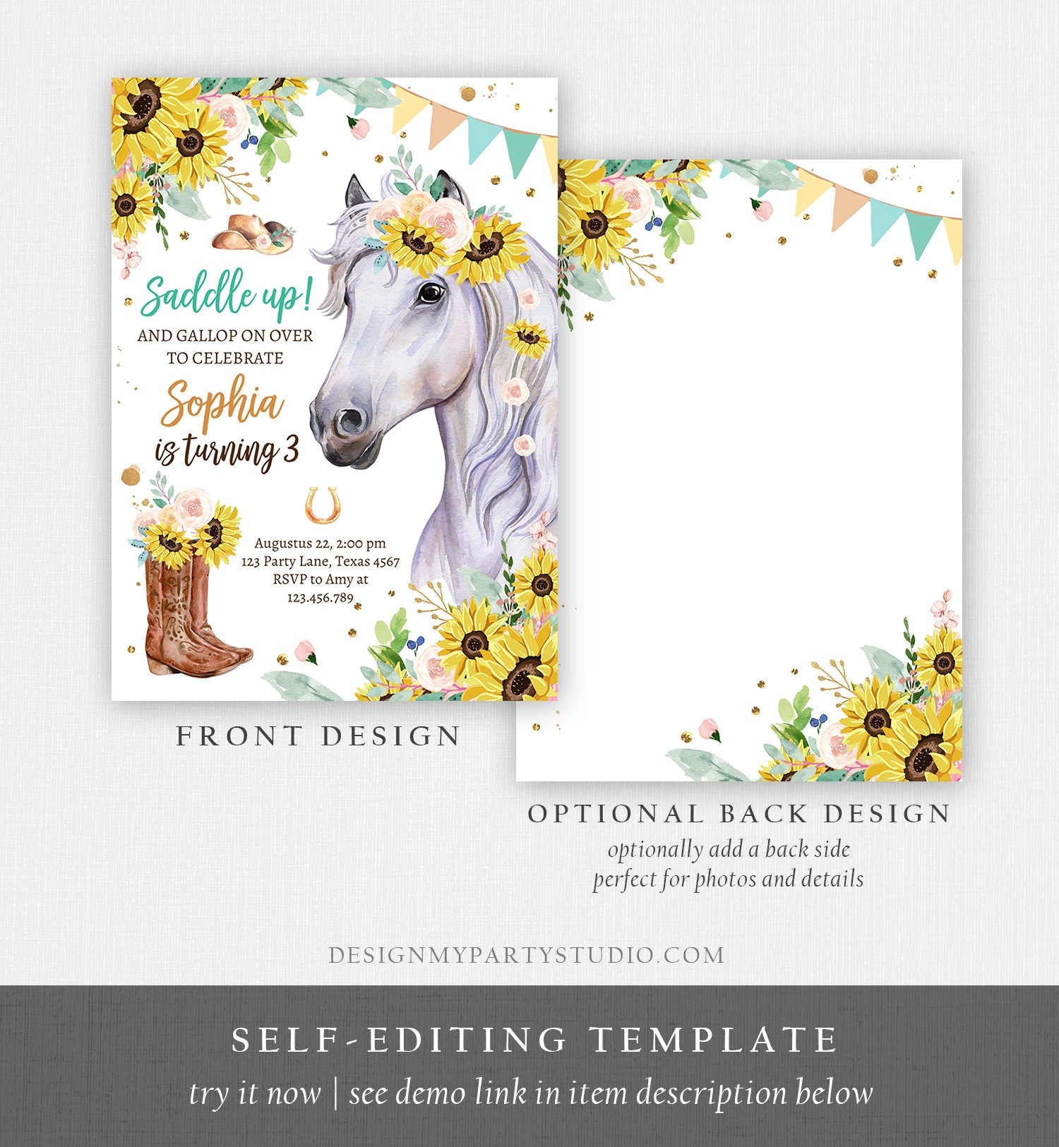 Editable Cowgirl Birthday Invitation Girl Saddle Up Watercolor Horse Horse Birthday Sunflowers Digital Download Template Printable 0408
