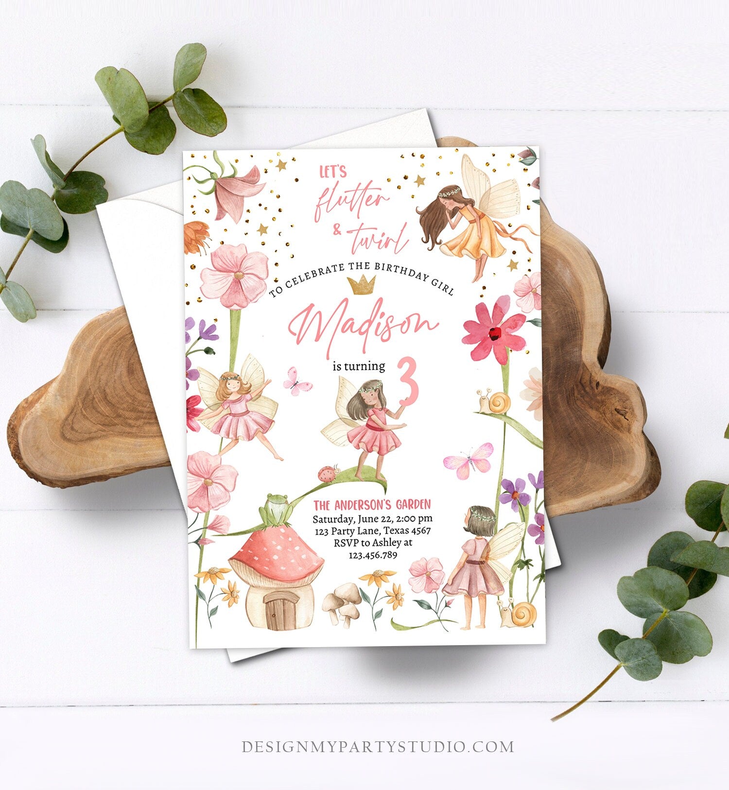 Editable Fairy Princess Birthday Invitation Girl Pink Floral Fairy Party Whimsical Garden Digital Download Evite Template Printable 0406