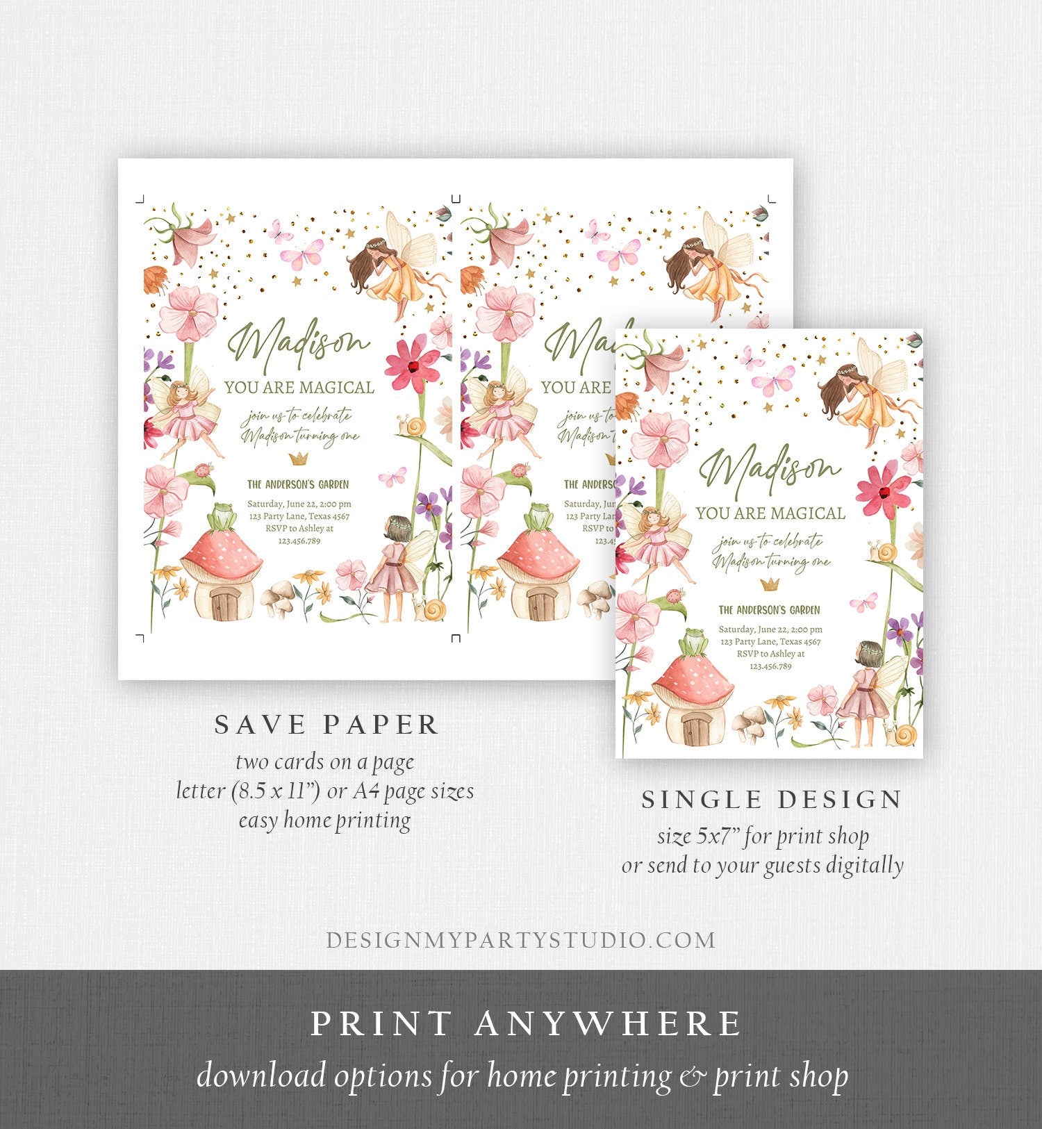 Editable Fairy Birthday Invitation Fairy Garden Birthday Fairy Forest Girls 1st Birthday Magical Download Evite Template Printable 0406