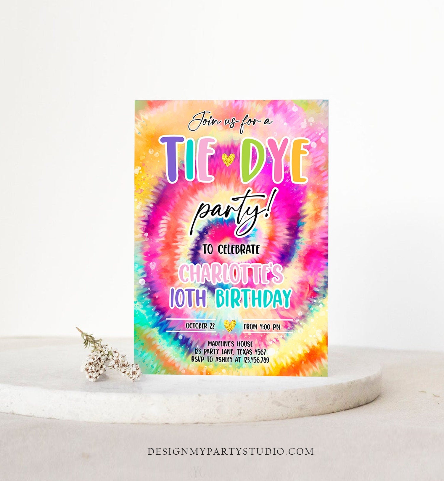 Editable Tie Dye Birthday Invitation Tie Dye Party Invite Girl Pink Tie-Dye Birthday Rainbow Hippie Peace Tween Download Evite Template 0407