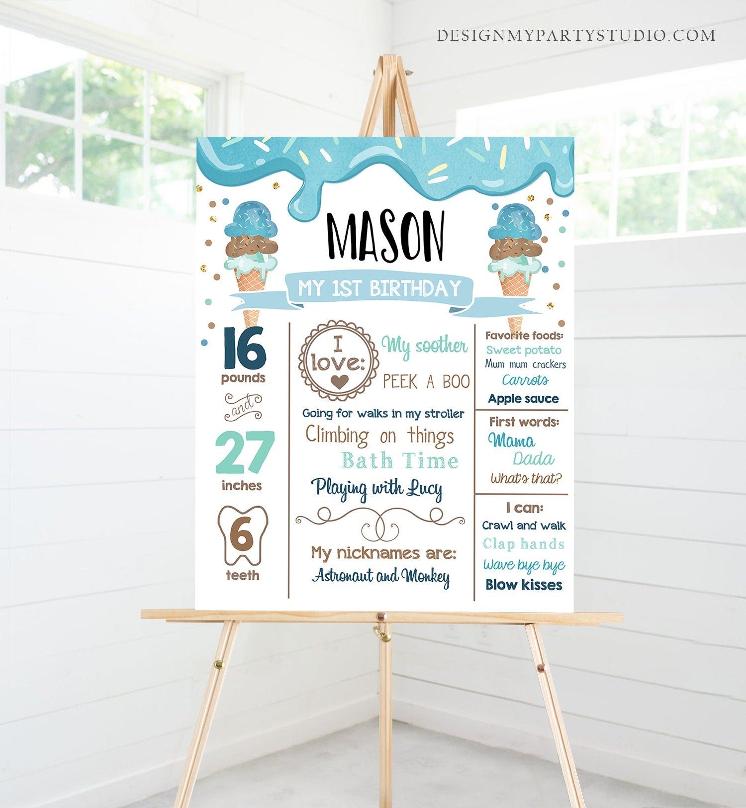 Editable Ice Cream Birthday Milestones Sign Boy First Birthday Sign 1st Firsts Cone Sweet One Poster Download Corjl Template Printable 0243