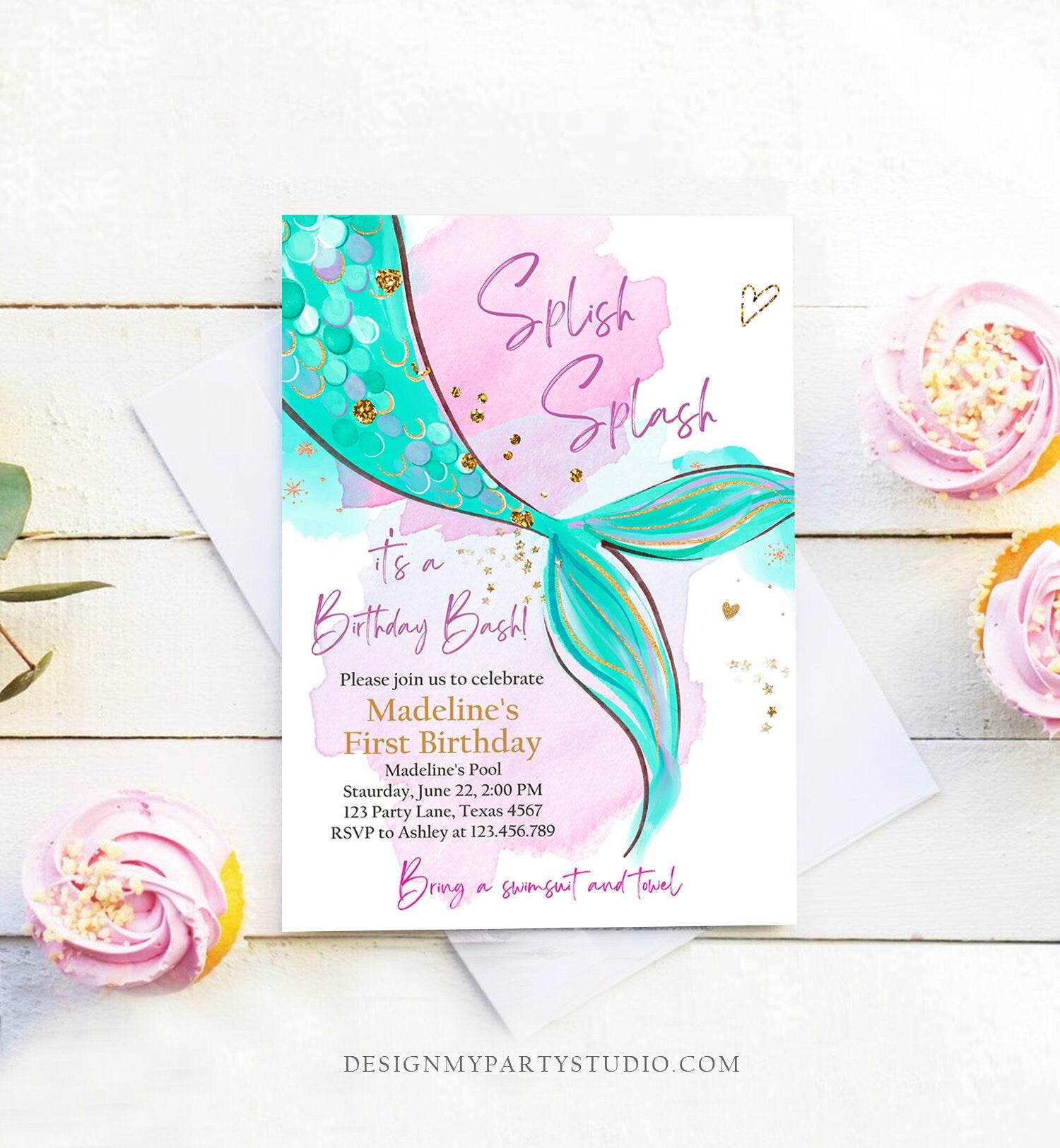 Editable Mermaid Birthday Party Invitation Girl Pink Teal Gold Mermaid Birthday Under The Sea Download Printable Template Digital Evite 0403
