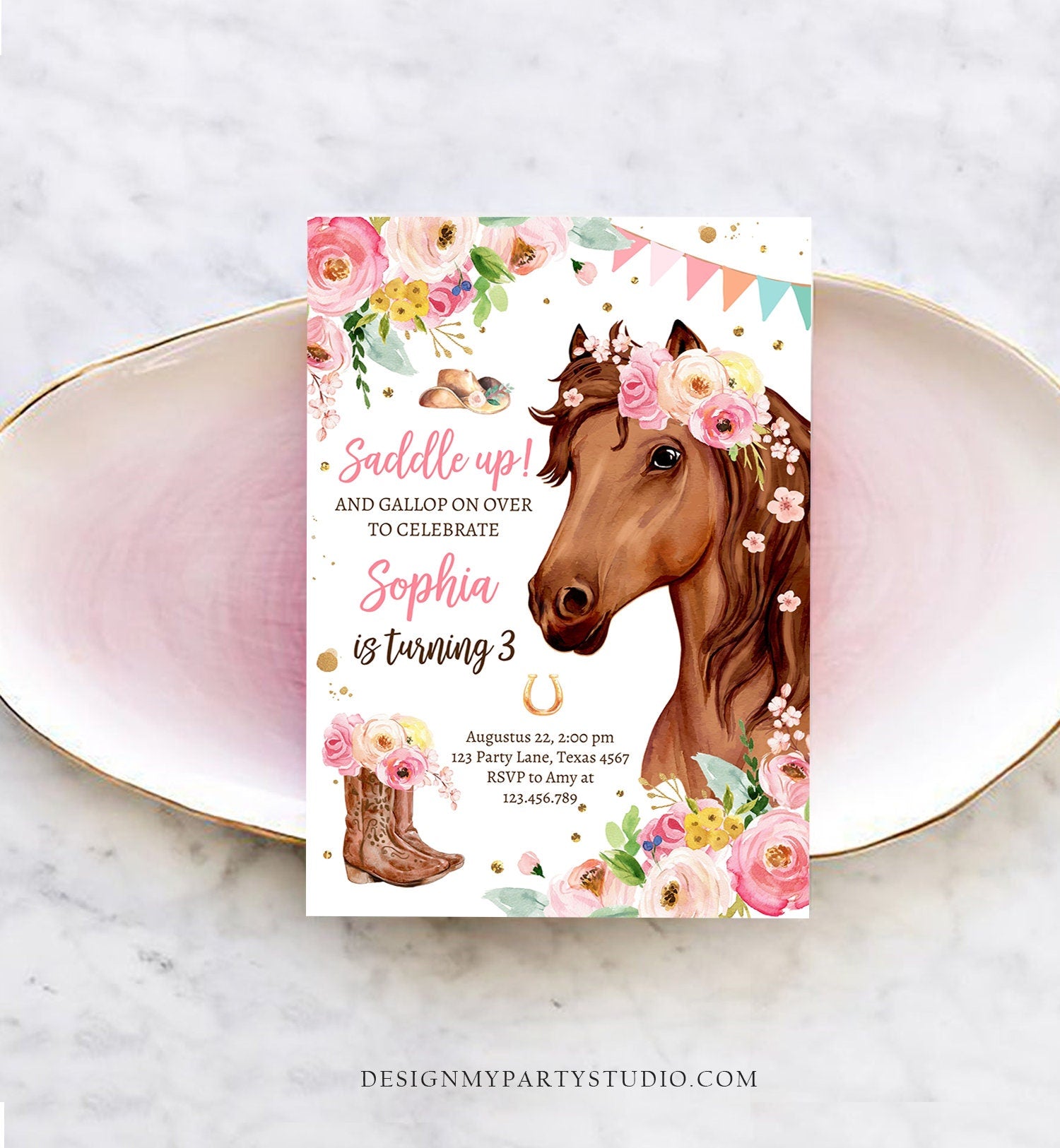 Editable Horse Birthday Invitation Girl Saddle Up Watercolor Cowgirl Party Horse Invite Pink Floral Download Printable Template Corjl 0408