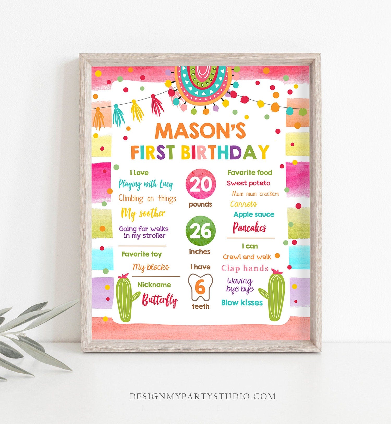 Editable Fiesta Birthday Milestones Sign Mexican Cactus Succulent Girl Boy Blue First Birthday 1st Digital Download Template Printable 0134