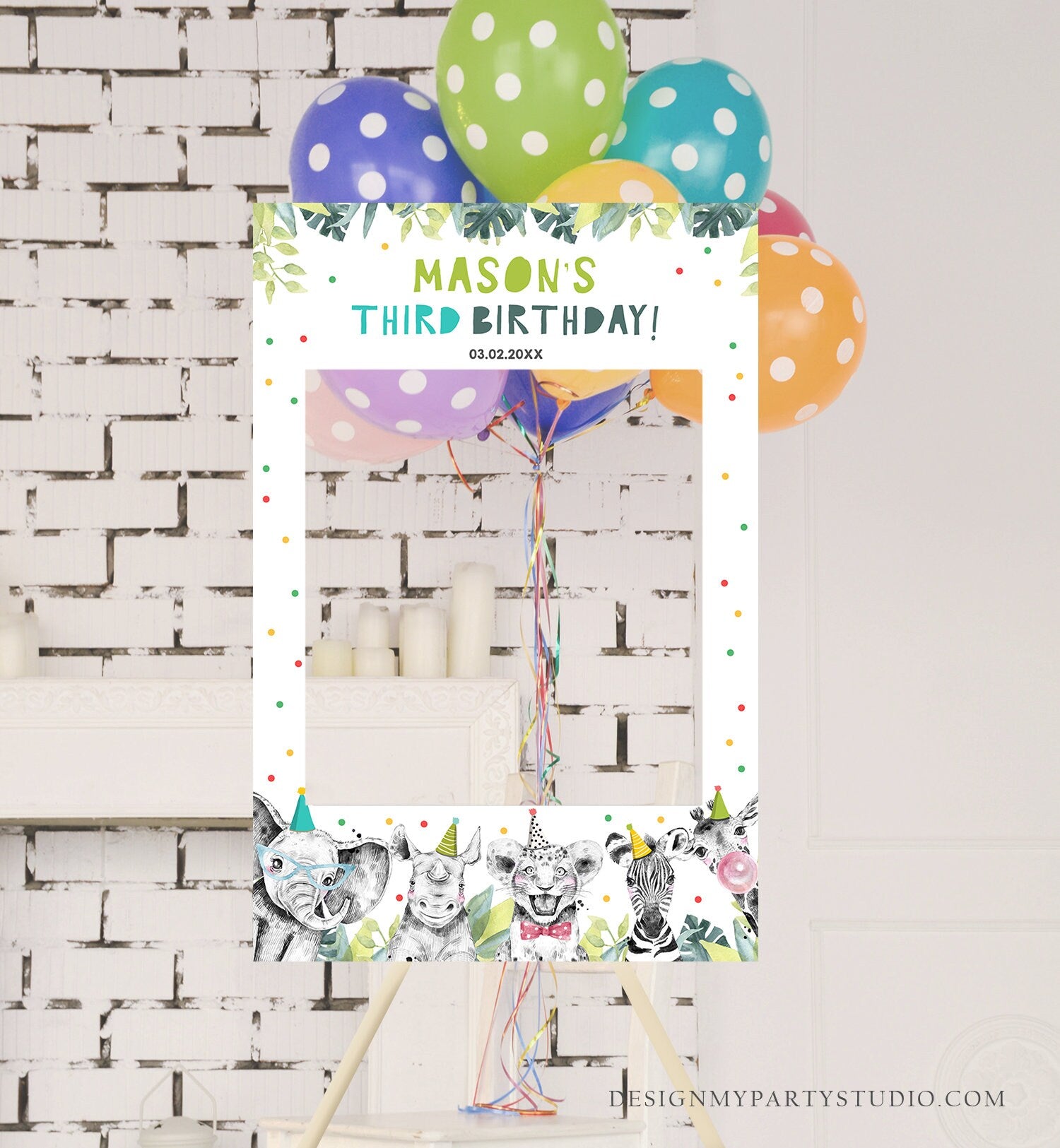 Editable Party Animals Birthday Photo Booth Sign Frame Safari Boy Birthday Wild One Party Photo Poster Decor Digital Template Printable 0322